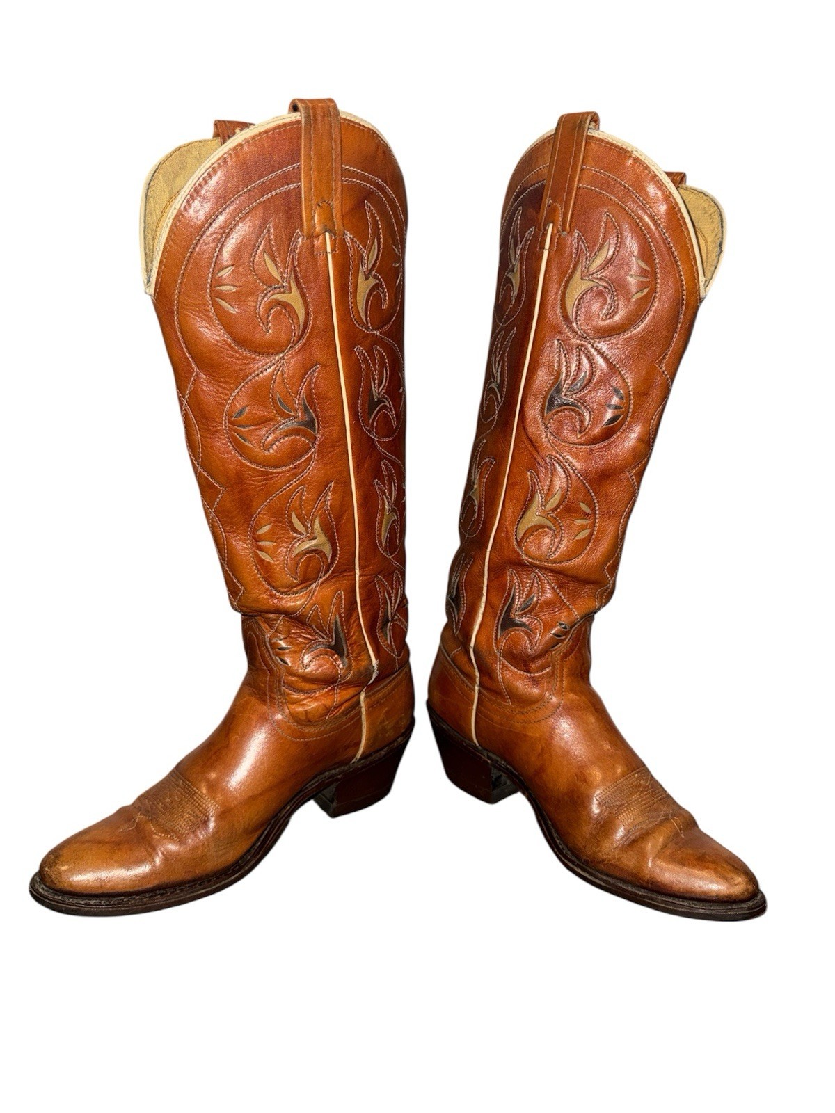 VTG 70s Acme Inlay Flowers Western Cowboy Boots USA Made Brown 7 C Rockabilly