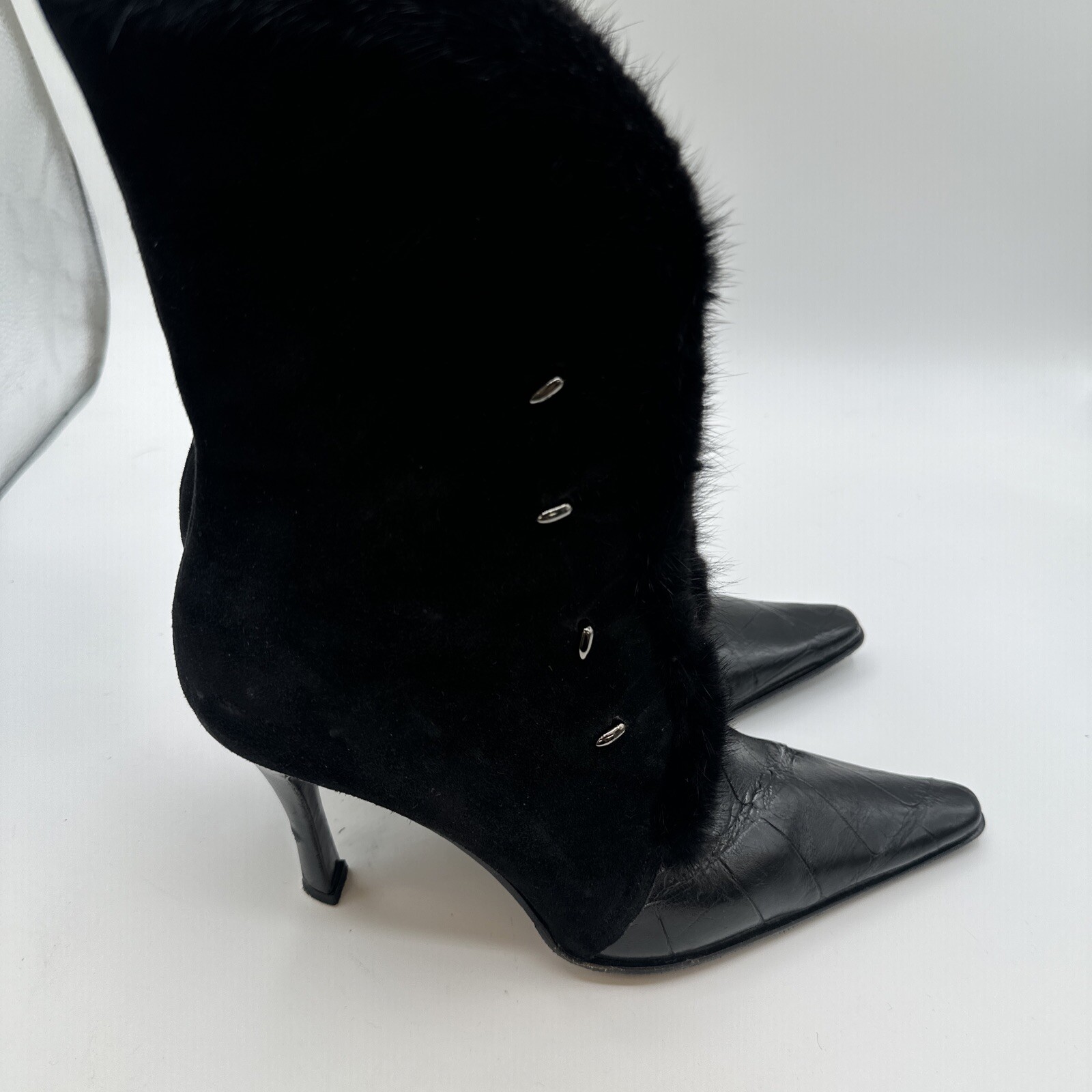 Mauri Boots Womens 9.5 Black Suede Alligator Mink Fur Trim Witchy Gothic Italy