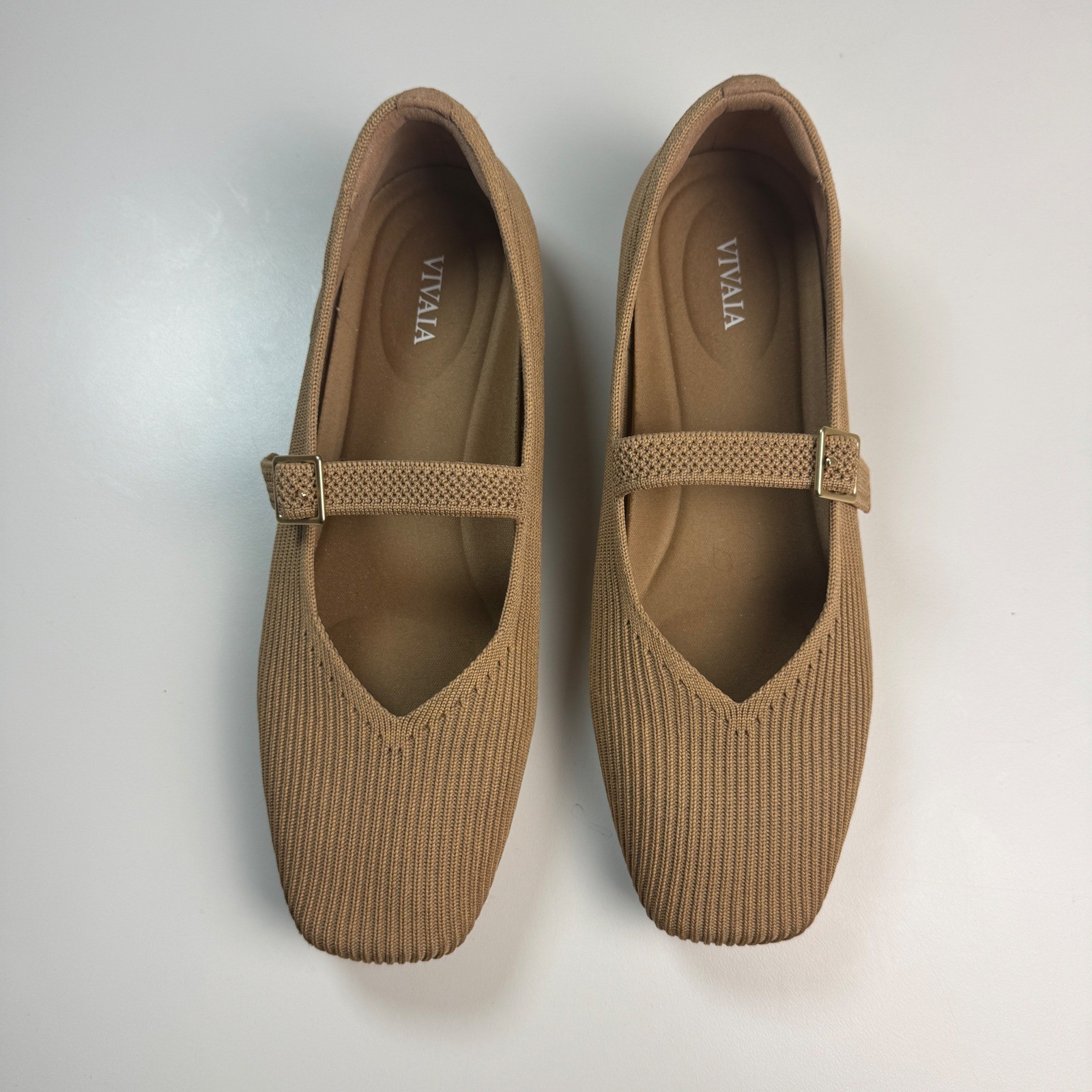 Vivaia Womens 8 Margot Mary Jane Flats Tan Ribbed Knit Square Toe Comfort Shoes