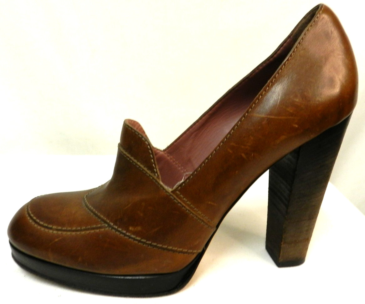 Derek Lam Leather loafer platform heels pumps brown Italy Size Sz 39 US 8
