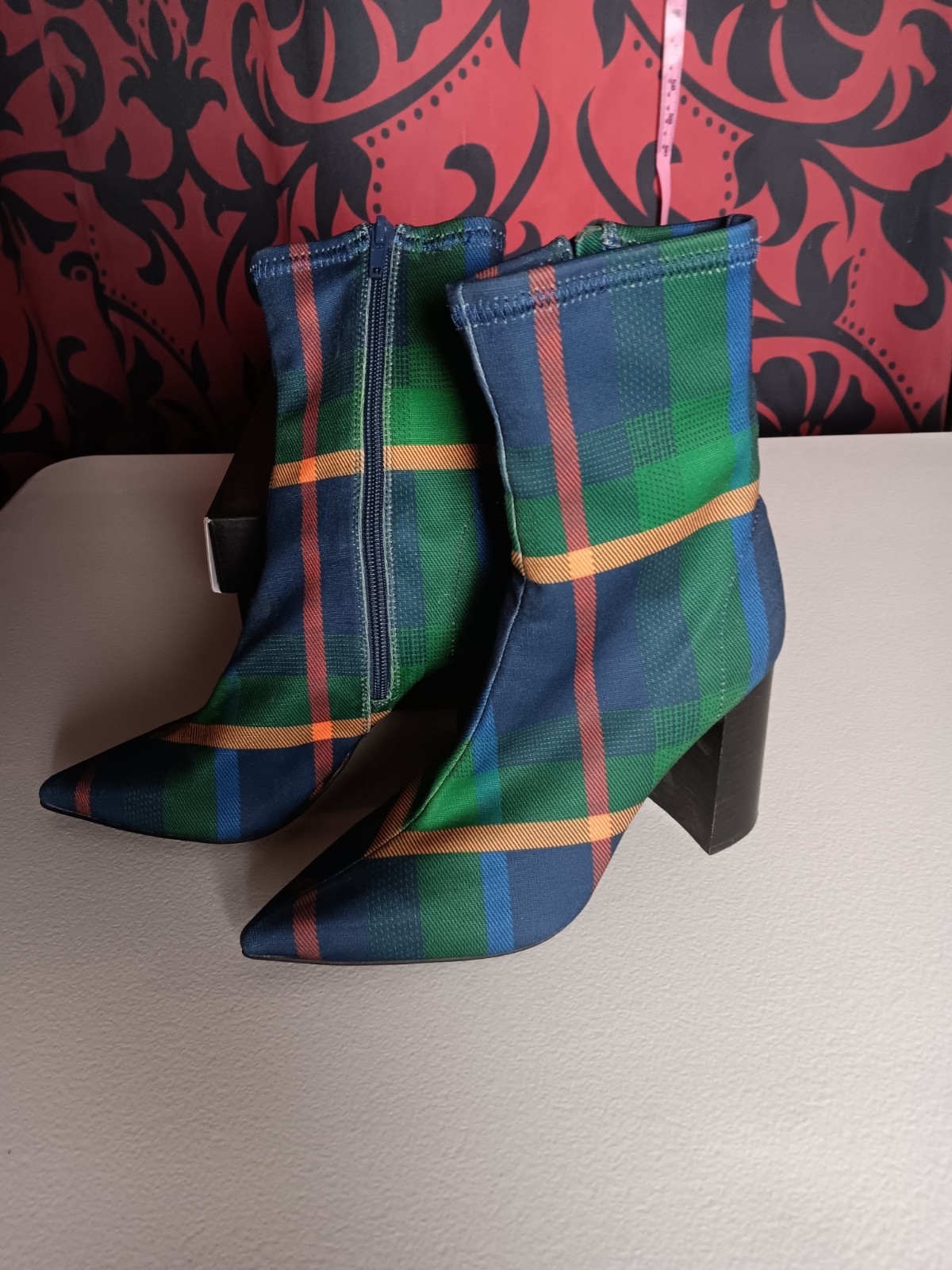 vintage jeffrey campbell Green Plaid Boots Heels 7M Heels Y2k 90s Bohemian Goth