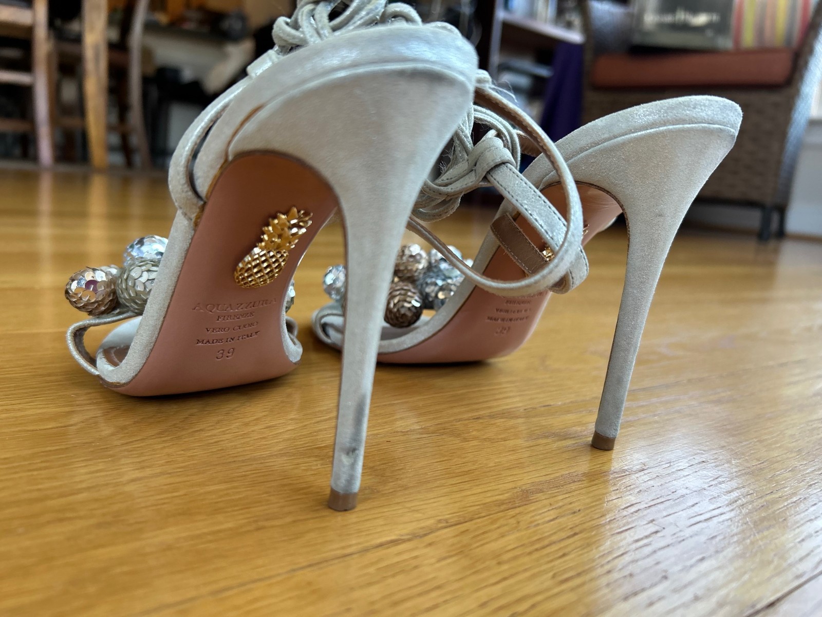 AQUAZZURA Metallic & Nude Disco Thing Suede Sequined Pom-Pom Sandals IT 39 Good