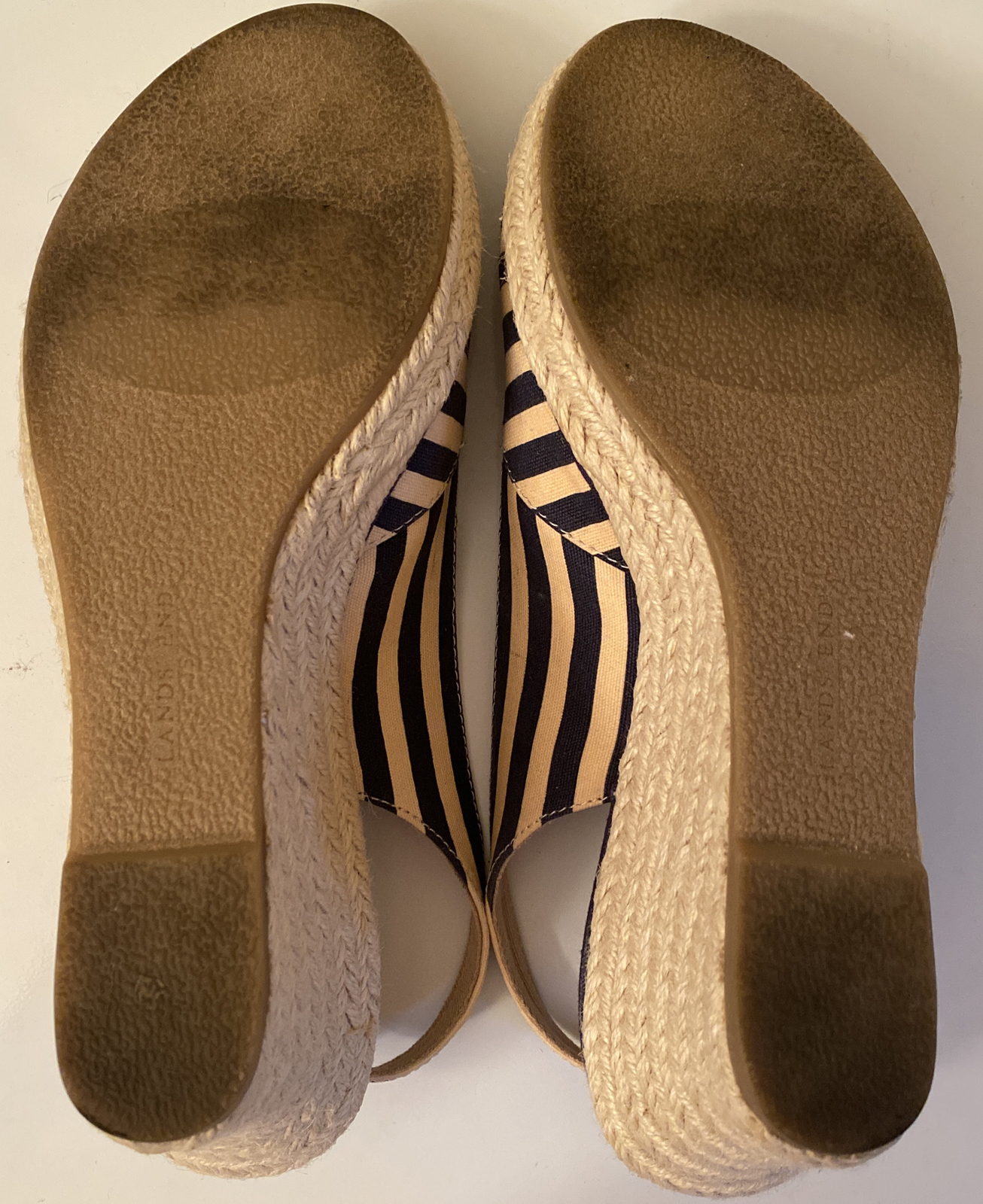 Lands End Mid Wedge Sandal Deep Sea Navy Beige Stripe Womens 8M Presley