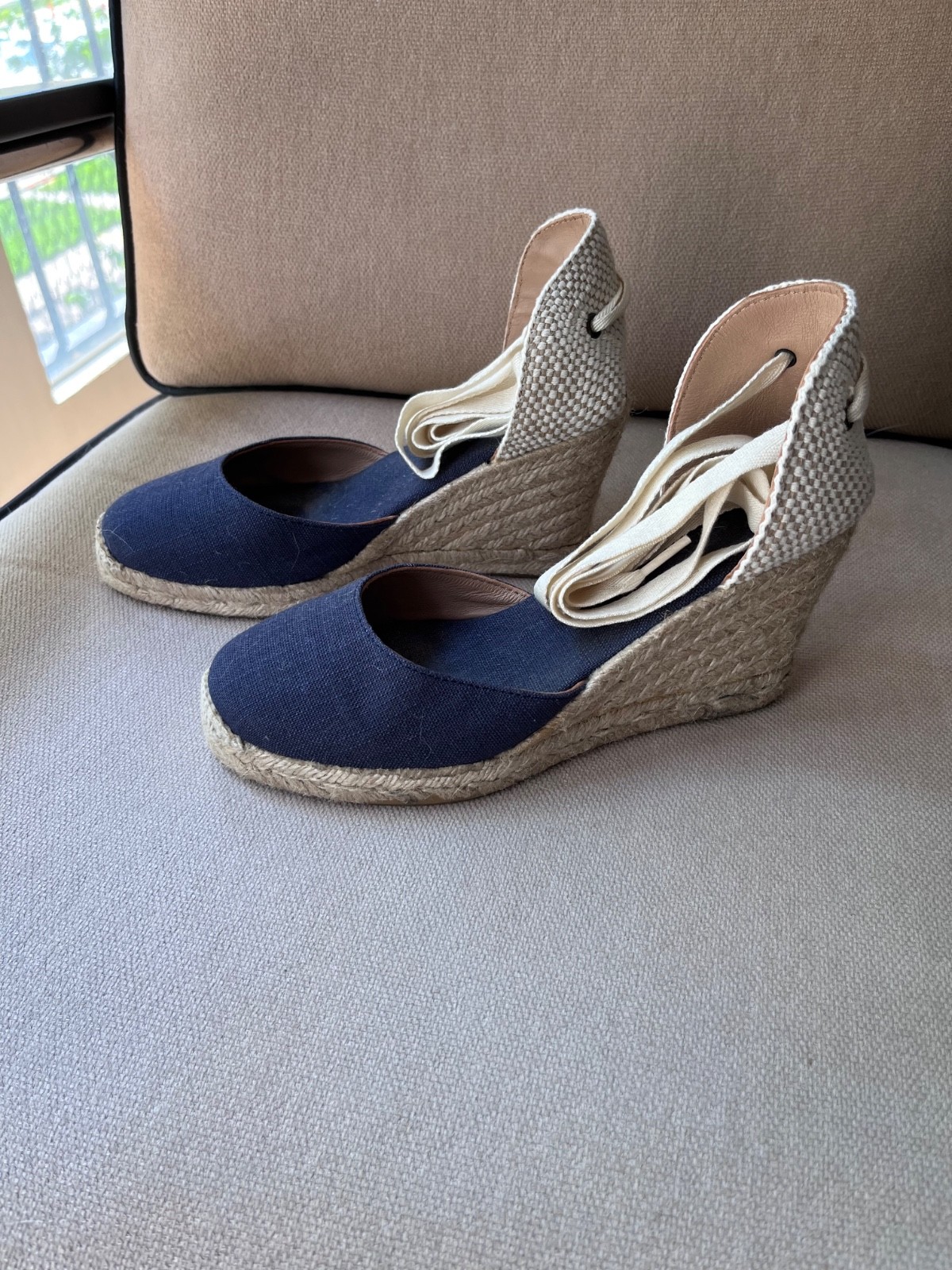 Soludos Marseille Wedge Espadrille Sandals NAVY Linen & with Ankle Tie ~ Size 7