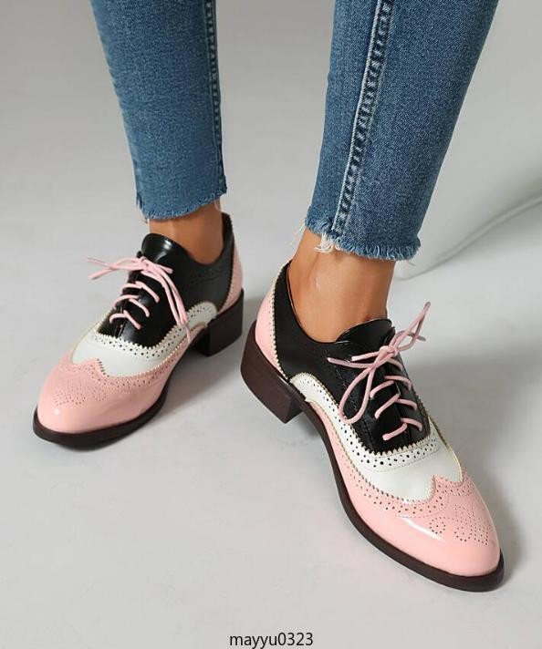Retro Womens Brogue Pumps Shoes Lace Up Wing Tip Casual Fashion Flat Oversize