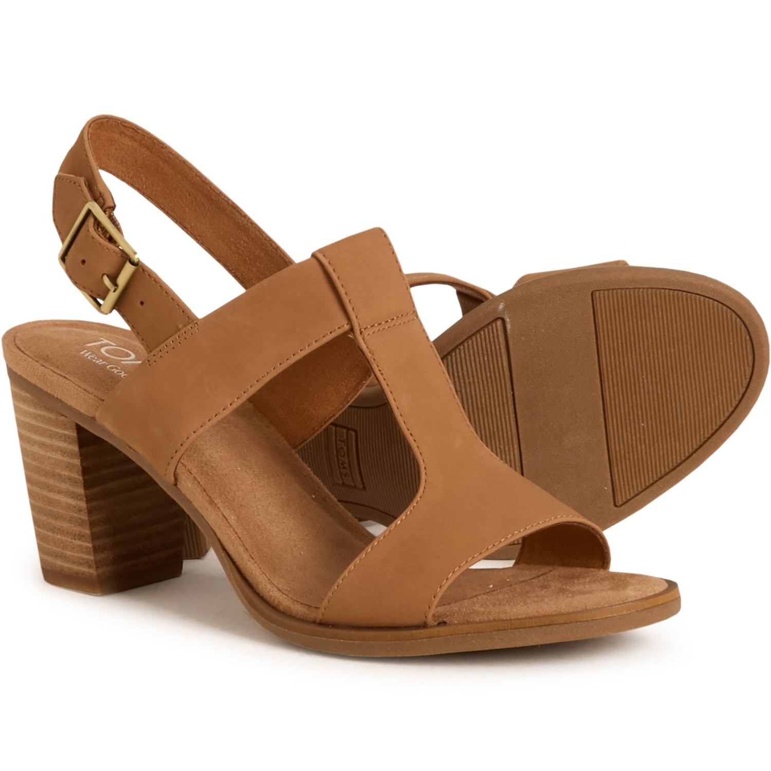 TOMS Majorca T-Strap Nubuck Block Heel Sandals Womens Comfort Dressy