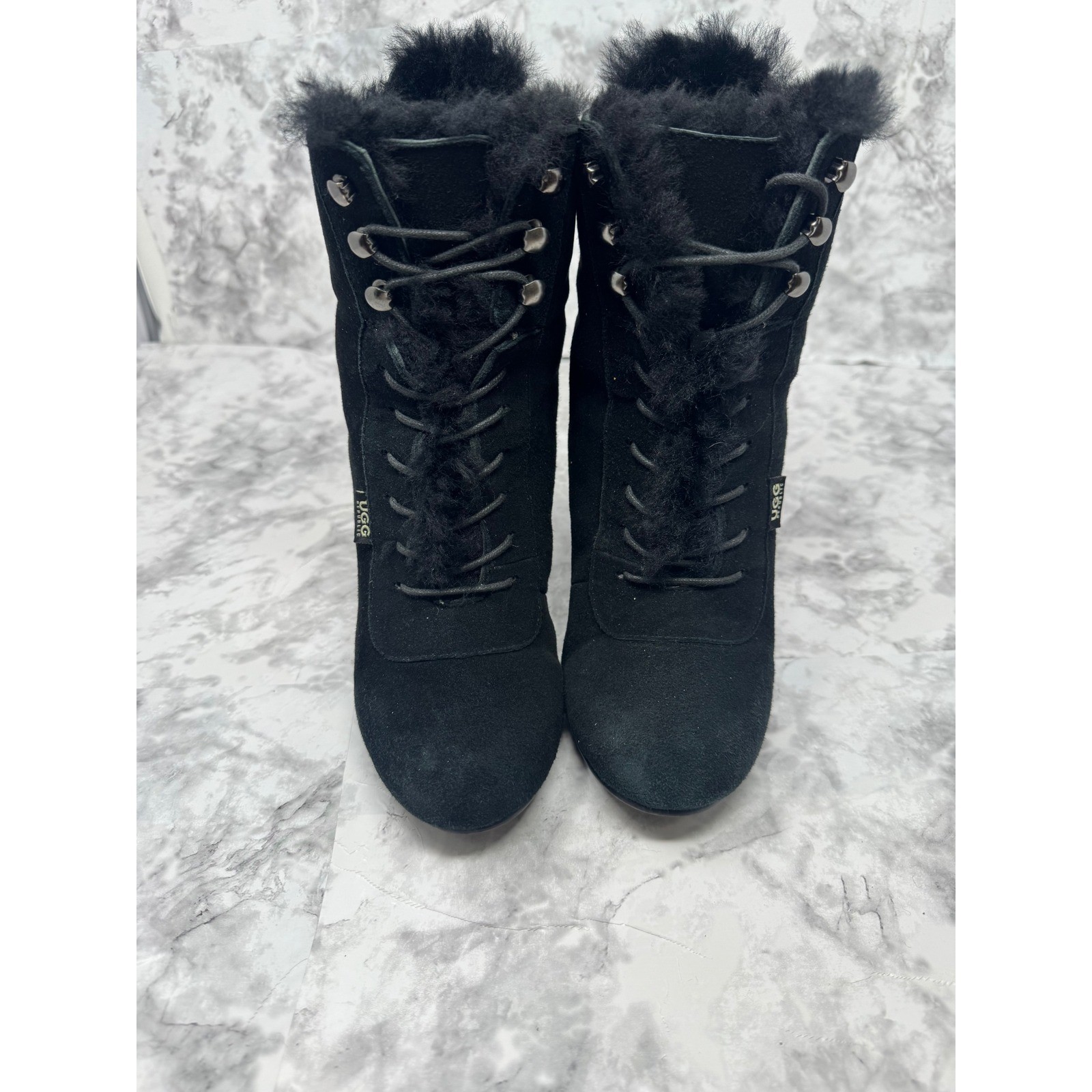 UGG 🖤Wedge Boots Black Shearling Lace Up Biker Gothic Grunge Y2K Indie sz 8
