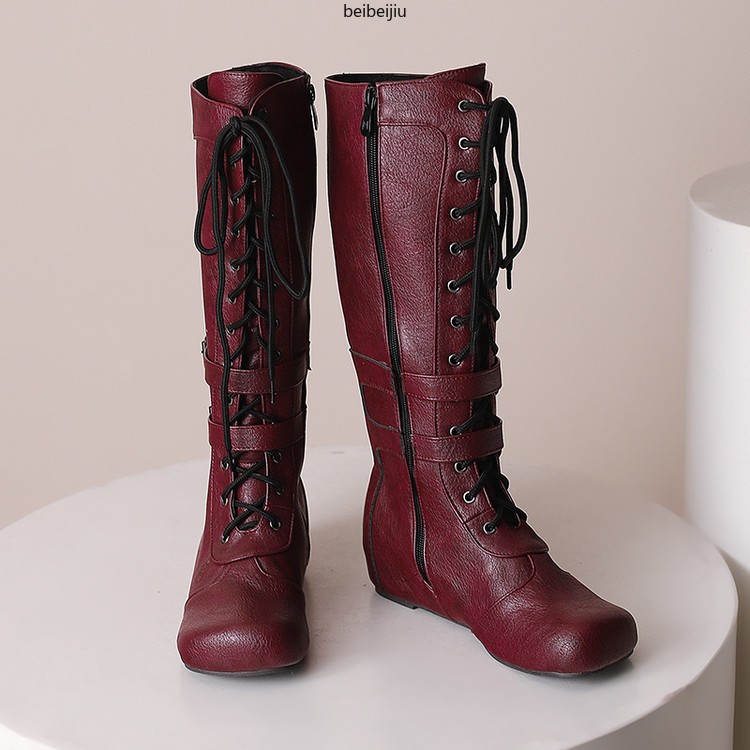 Women’s Mid Calf Hidden Wedge Heel Boots Lace Up Buckle Casual Shoes 48/49/50