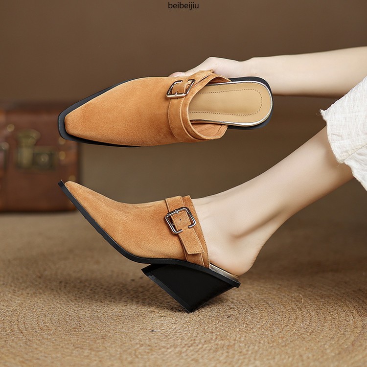 Women’s Closed Pointed Toe Slipper Mid Wedge Heel Sandals Suede Leather Shoes