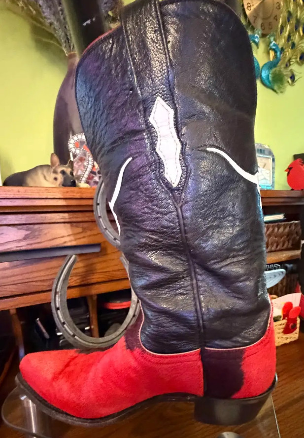 LUCCHESE Tool 1883 Cowhide Calf Hair Hide Red-White-Black Cowgirl Cowboy Boots 8