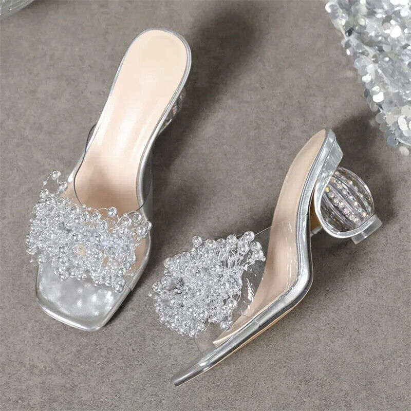 Women’s Beaded Flower Sandals Transparent PVC Slippers High Heels Pumps Shoes
