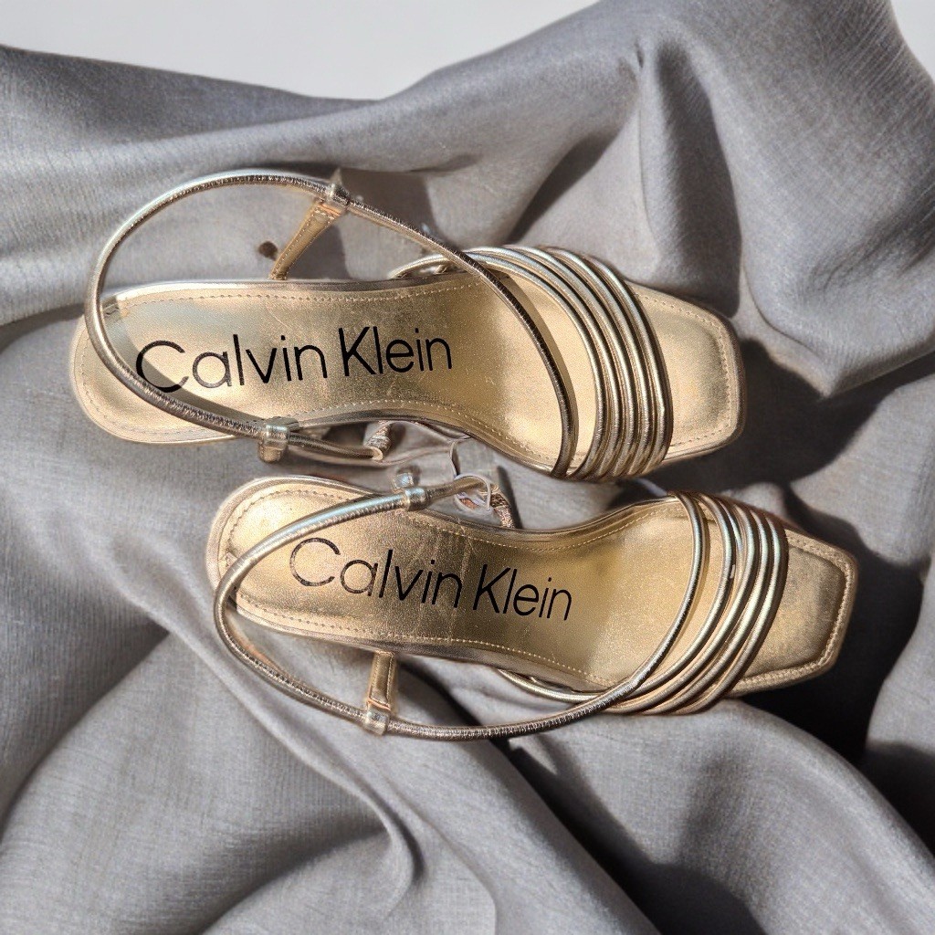 Calvin Klein Gold Strappy Sandals Buckle Synthetic Upper Women