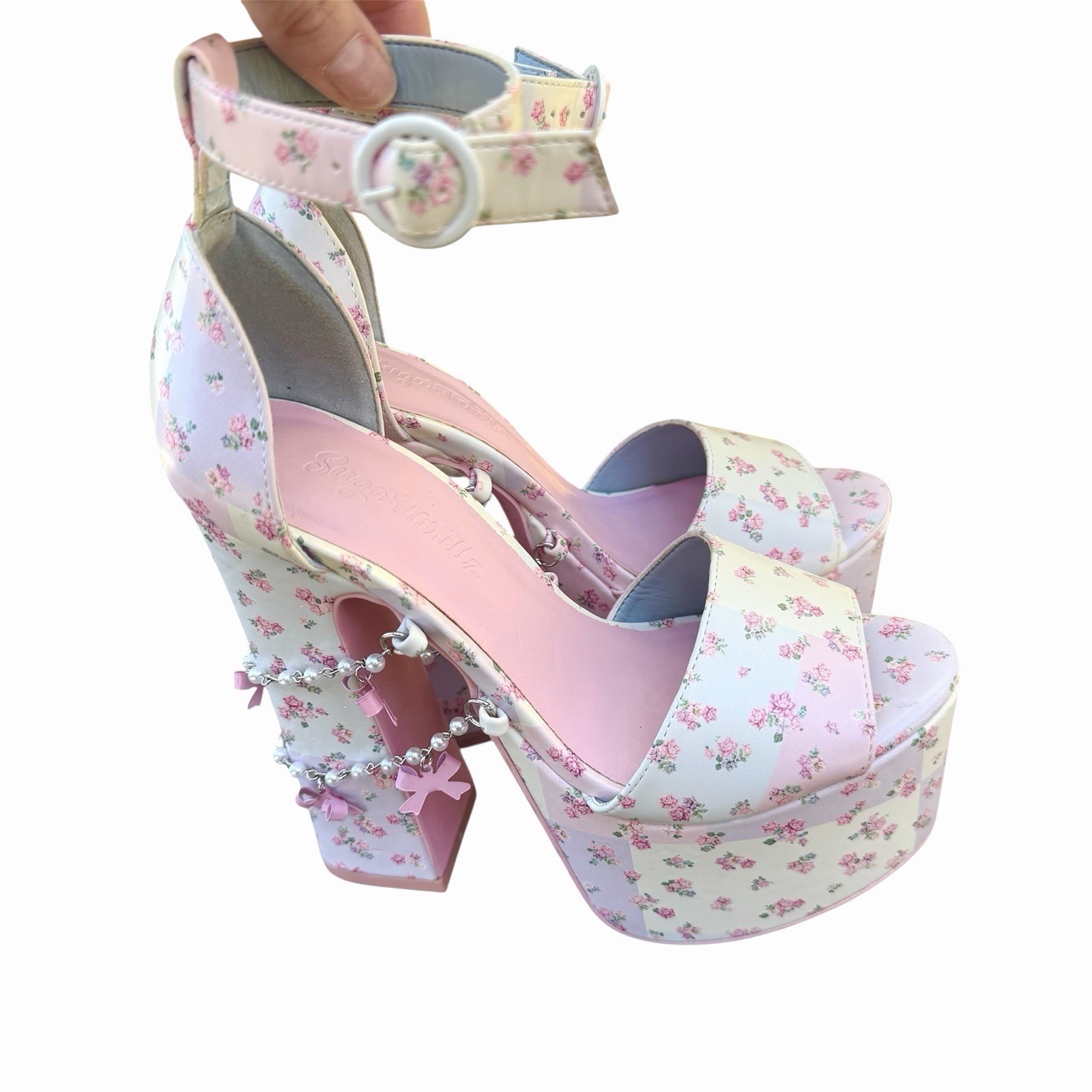 Dolls kill sugar thrillz patchwork pink floral revelation platform heels Size 6