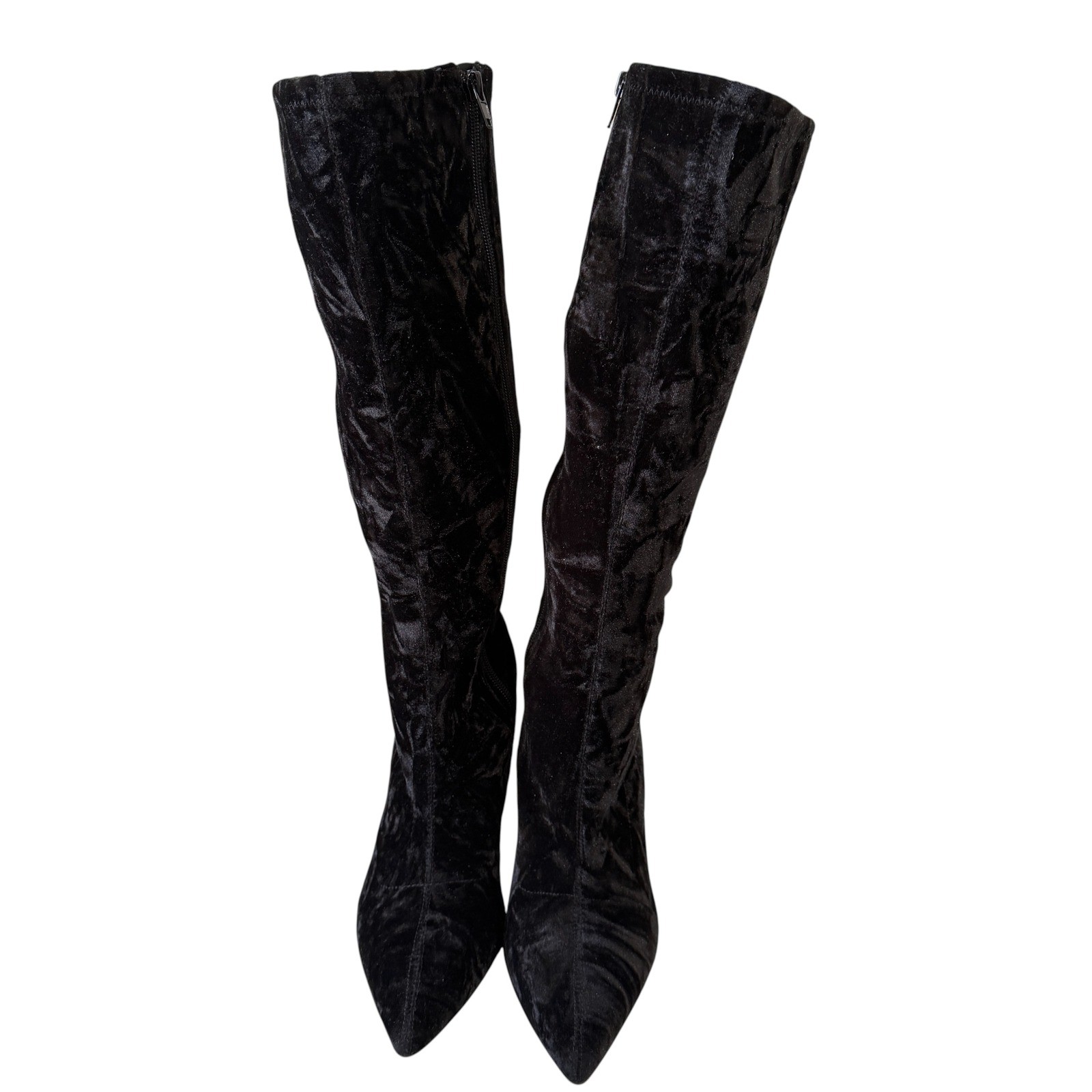 Black Velvet Knee High Stiletto Boots Womens 7 Goth Glam Coquette Statement