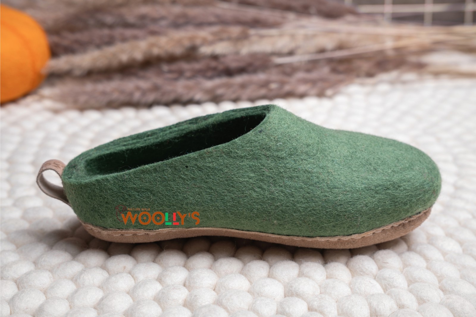 Woollyes Indoor Open Heel Slippers –Green | Pure New Zealand Wool | Leather Sole