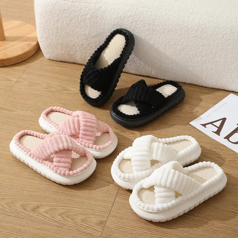 Pink Corduroy Cross Strap Home Slippers Women Winter 2025 Breathable Thick Sole