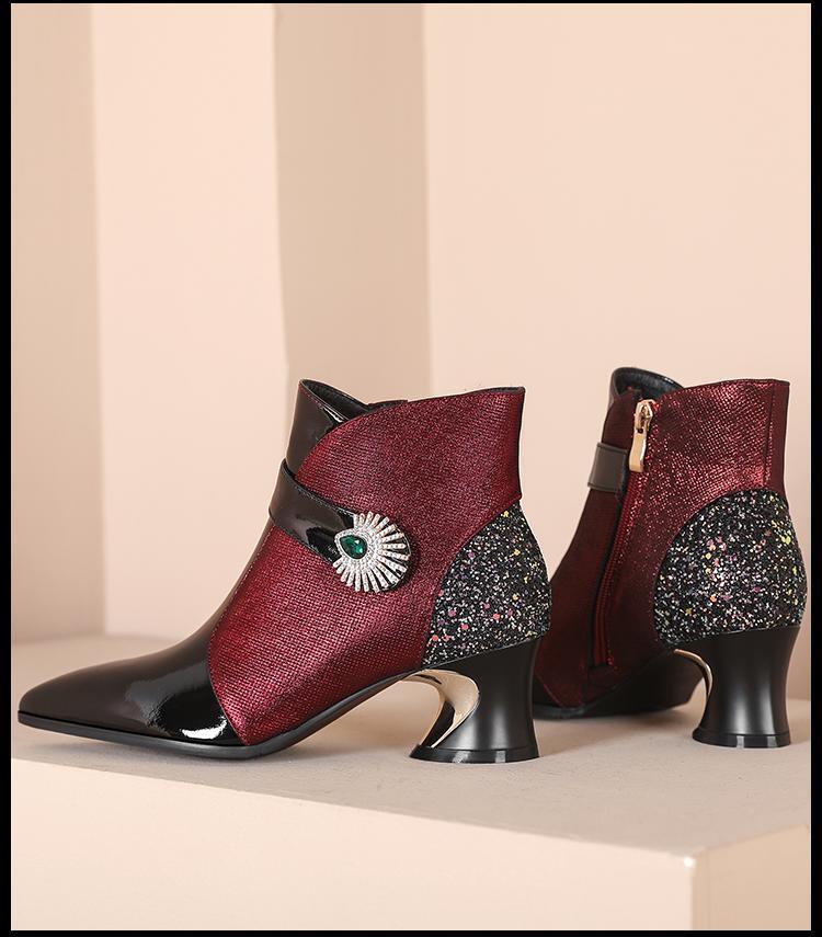 Women’s Fashion Shiny Rhinestone Elegant Pointed Toe Leather Ankle Boots Shoes
