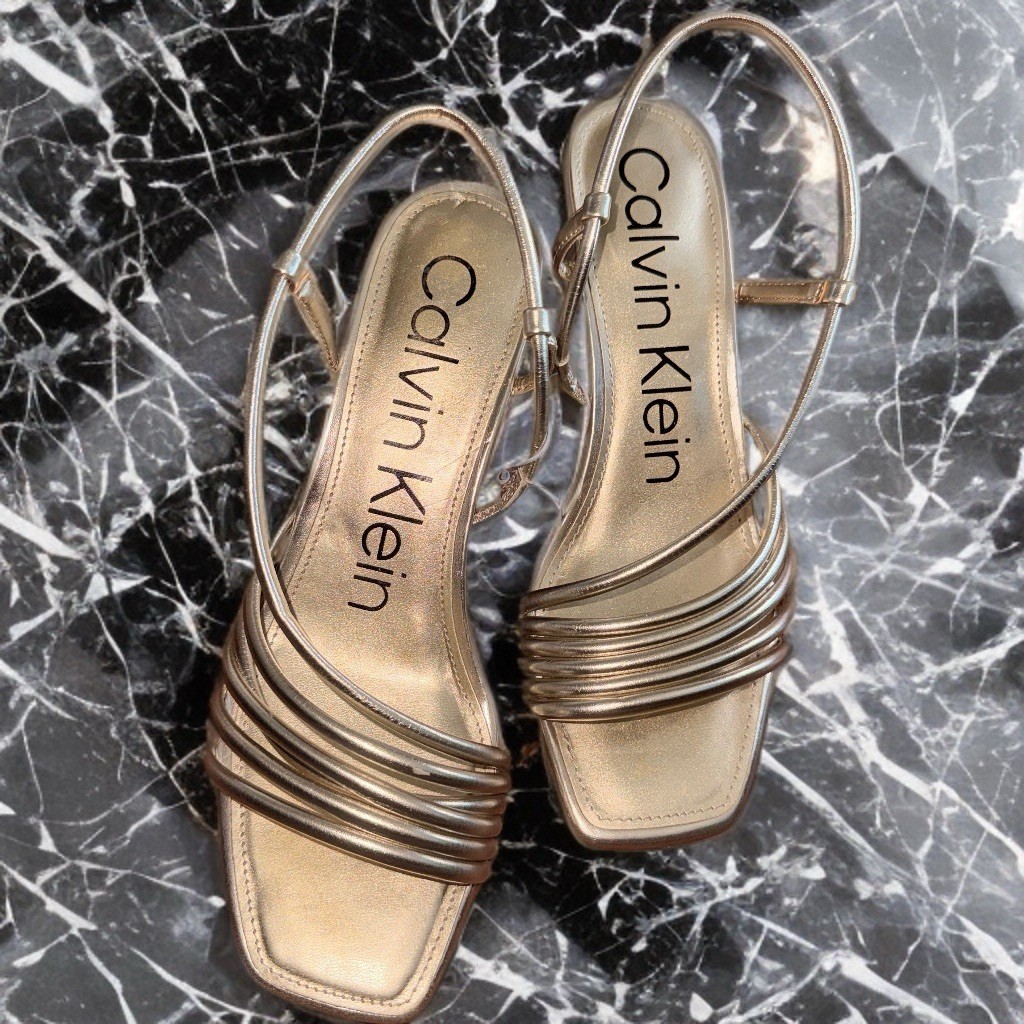 Calvin Klein Gold Strappy Sandals Buckle Synthetic Upper Women