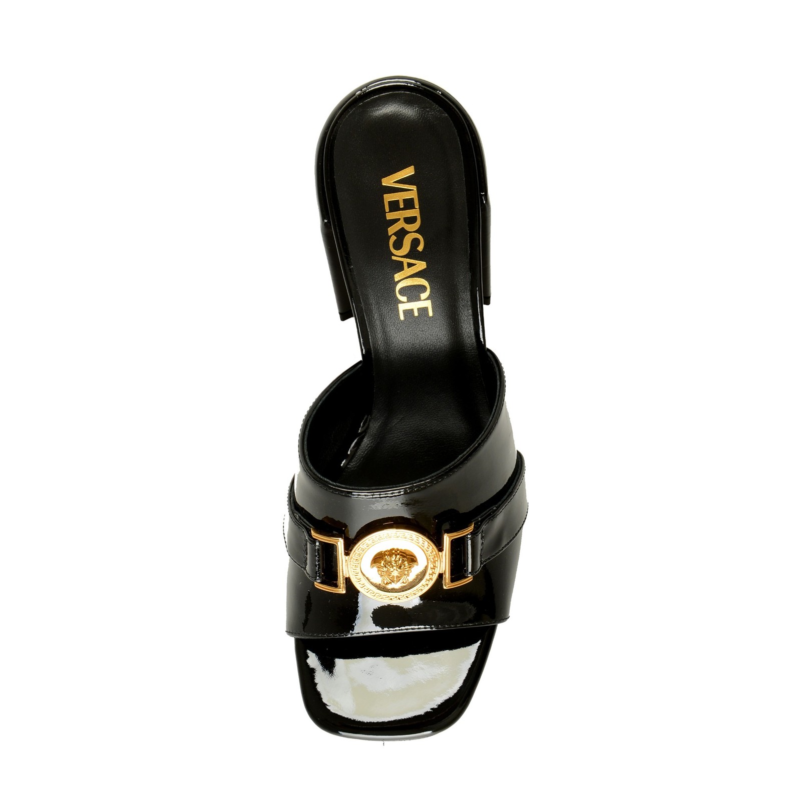 Versace Women’s Black Patent Leather Gold Medusa Mules Sandals Shoes US 6 IT 36