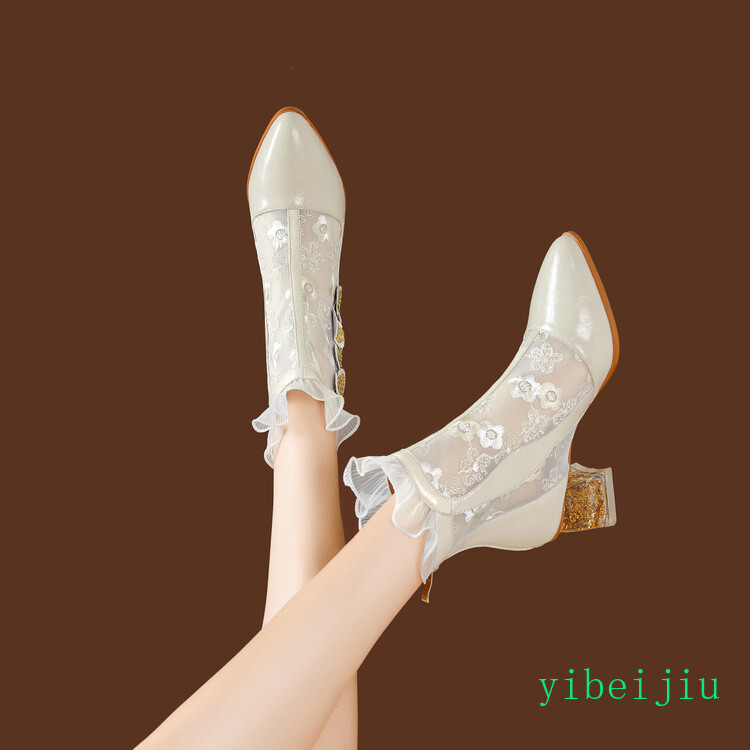 Women Embroidery Ankle Boot Chunky Heel Real Leather Shoes Elegant Spring Summer