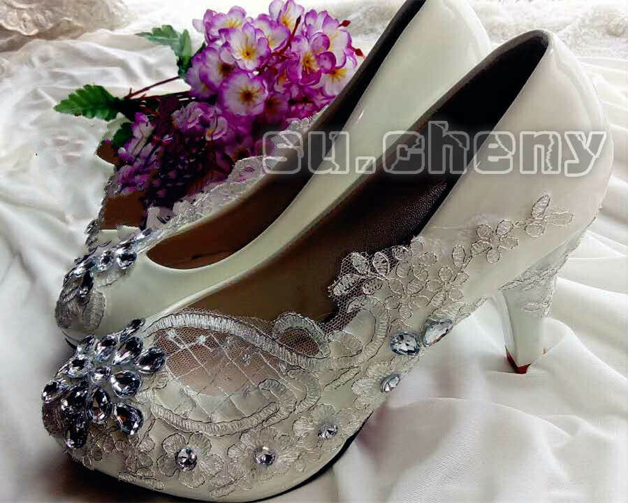 su.cheny- Lace white ivory crystal flats low high heel pump Wedding Bridal shoes