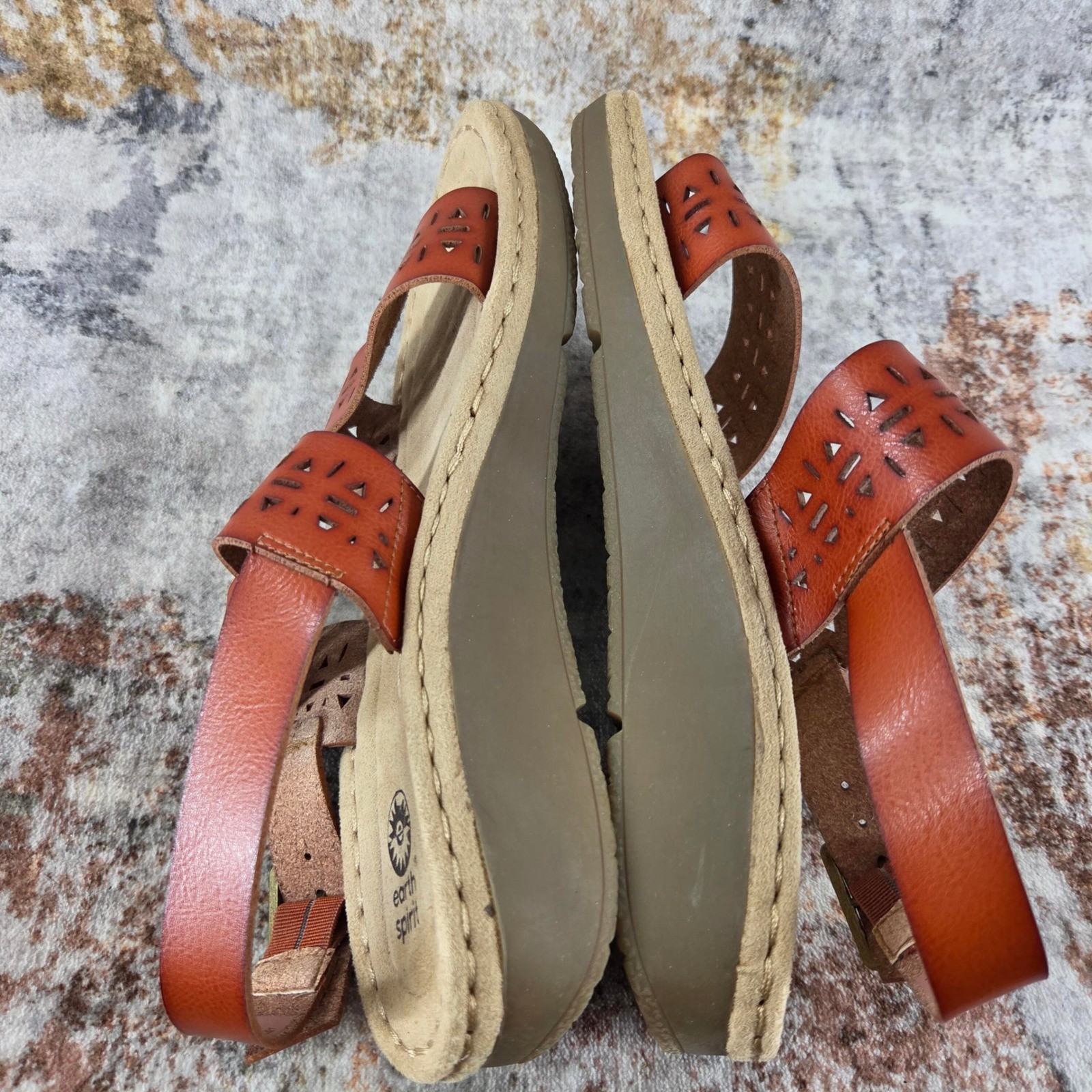Earth Spirit Wedge Sandals Women 9.5 Cognac Brown Laser Cutout Summer Boho Beach