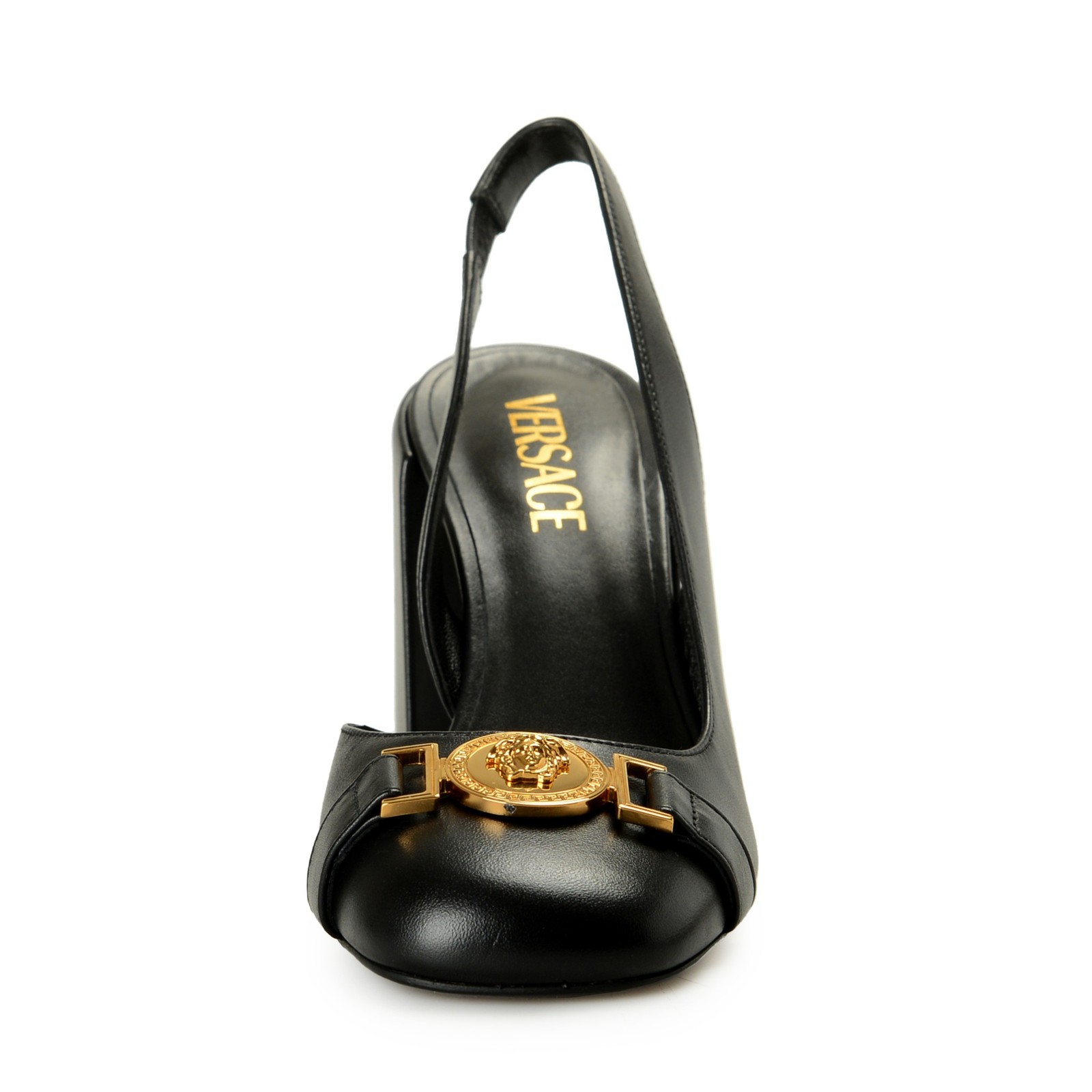 Versace Women’s Black Leather Gold Medusa Slingback Pump Shoes US 6 IT 36