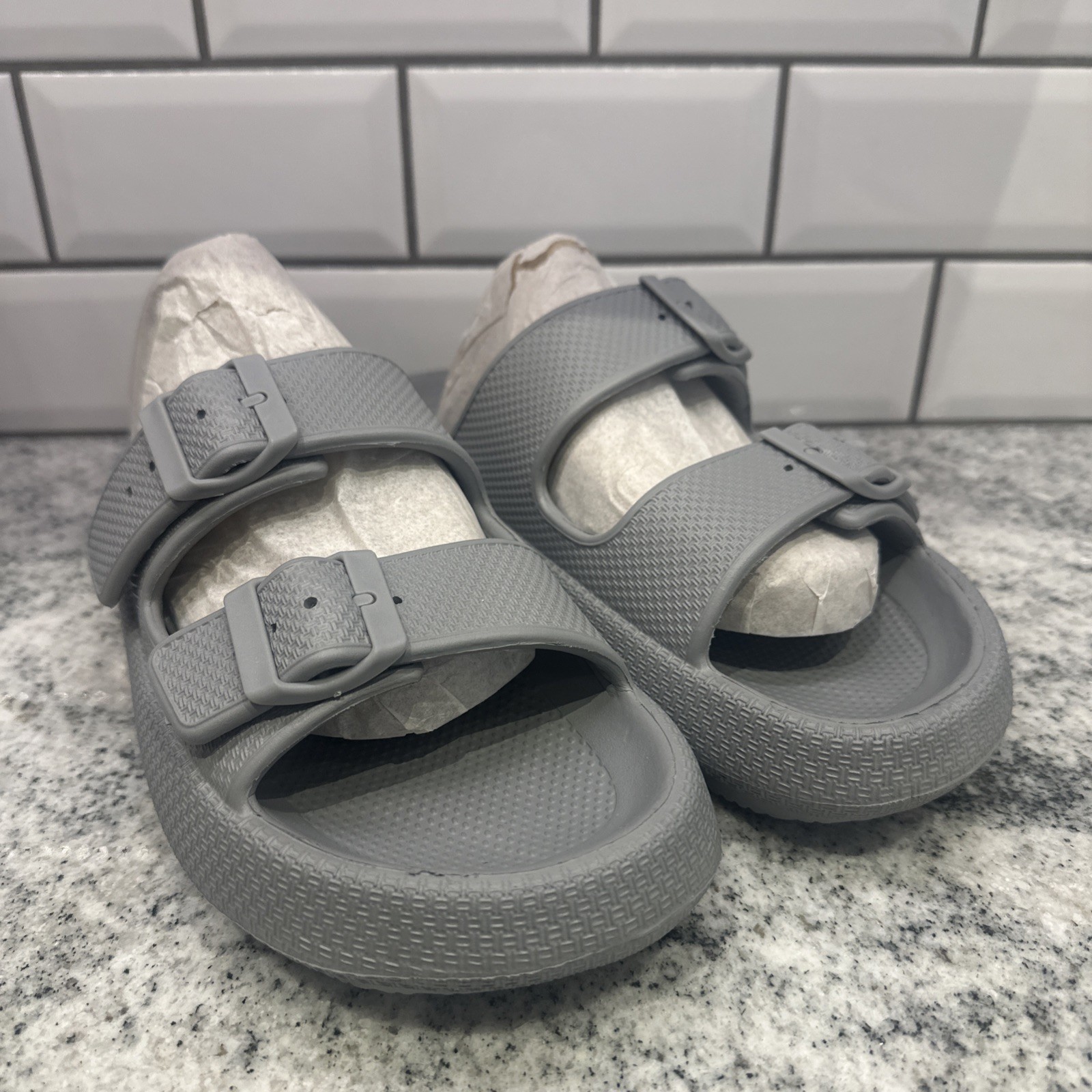 J Slides Beach Size 9 M Grey Eva Two Strap Buckle Summer Sandals Comfort New