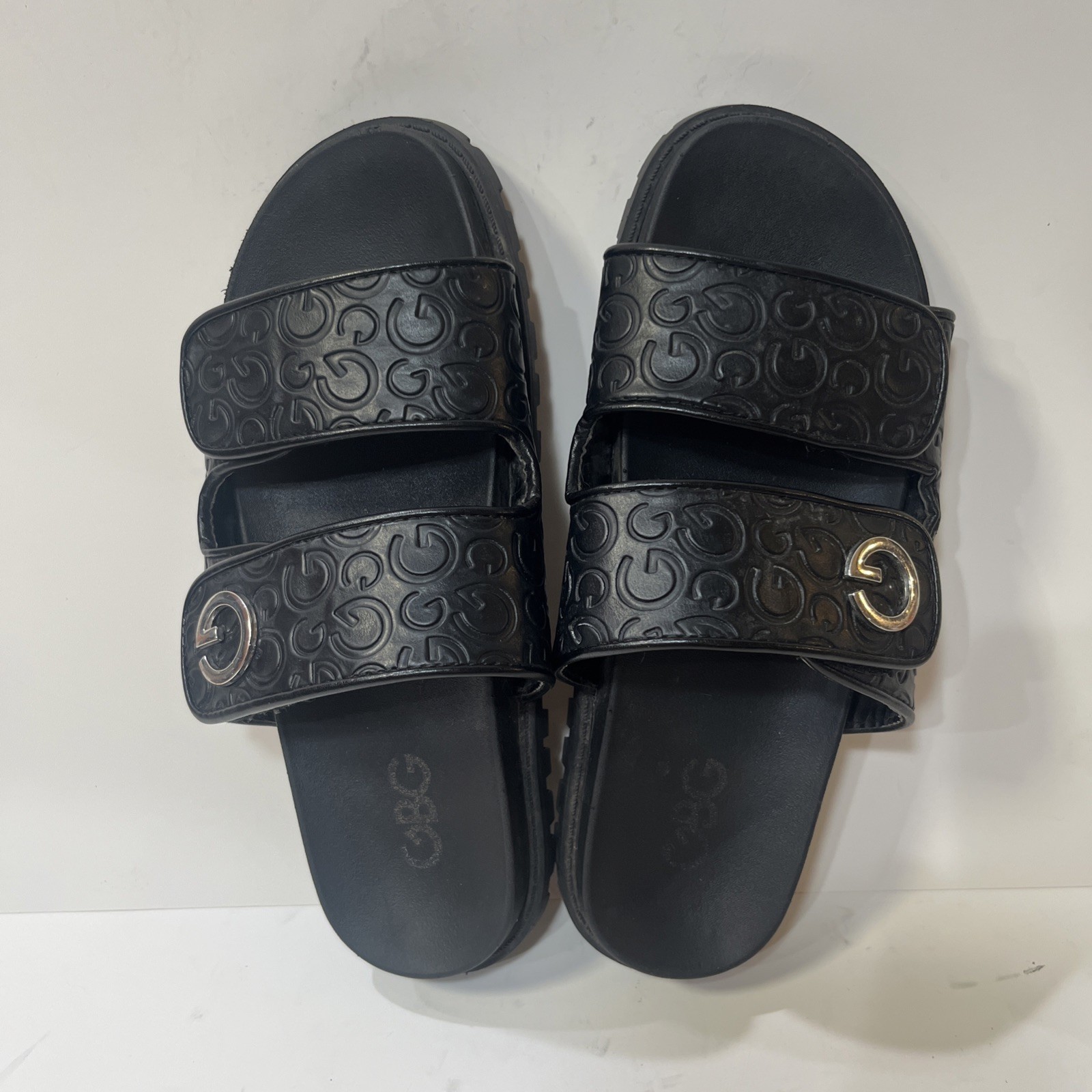 Guess GBG Black Embossed Slides Sandals Silver Accent Size 8M