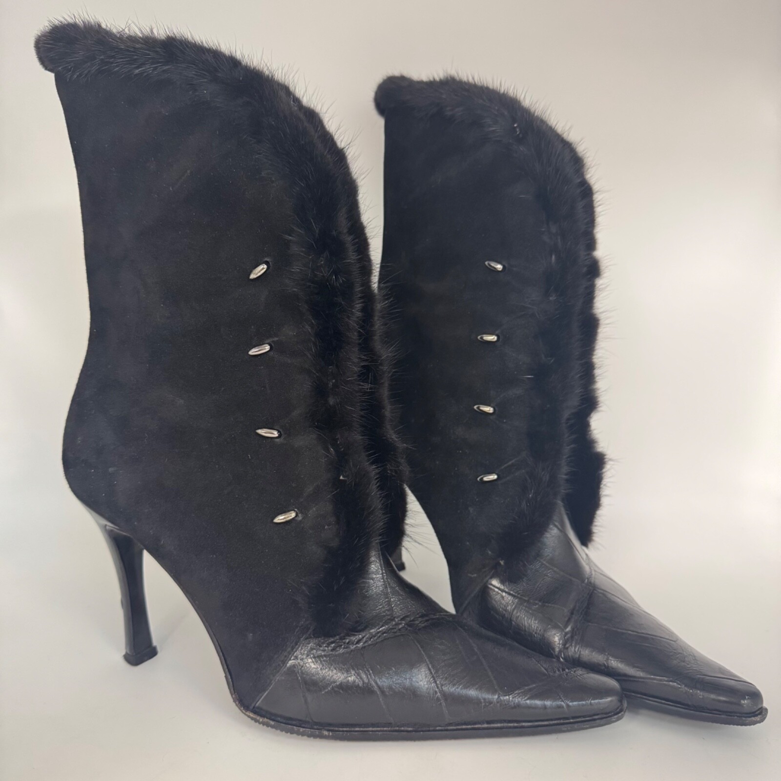 Mauri Boots Womens 9.5 Black Suede Alligator Mink Fur Trim Witchy Gothic Italy
