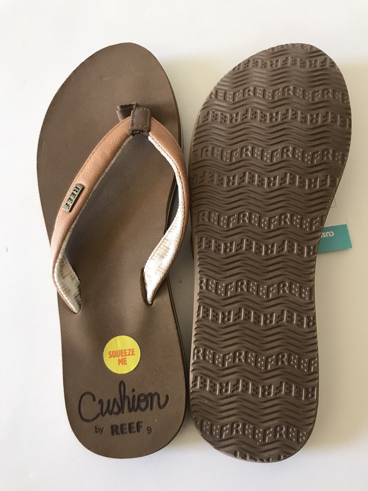 WOMEN’S REEF BROWN/NATURAL CUSHION SANDS FLIP FLOP BEACH/POOL SANDALS SIZE 9 NWT