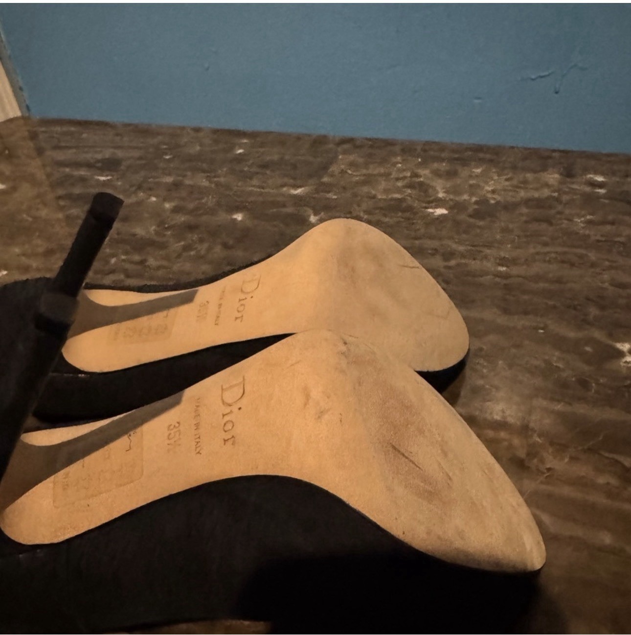DIOR Black Suede Peep Toe Stiletto Slip On Logo Accent Pumps Womens 5.5