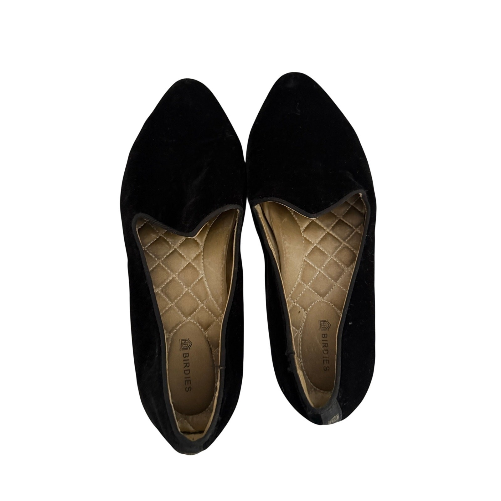 Birdies Black Velvet Flats Pointed Toe Loafers Women’s Size 8 Quilted Comfort