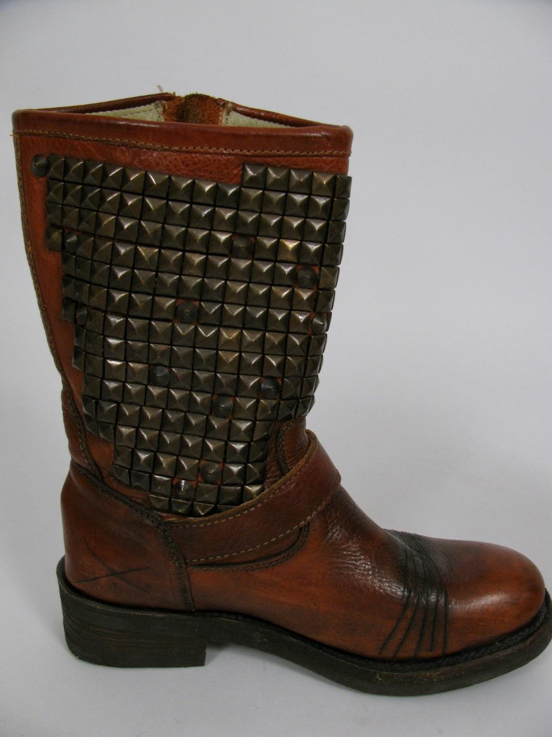 ASH BOOTS BROWN LEATHER DISTRESSED MOTO BIKER TRASH PAVONDONA STUDDED SHOES~38.5