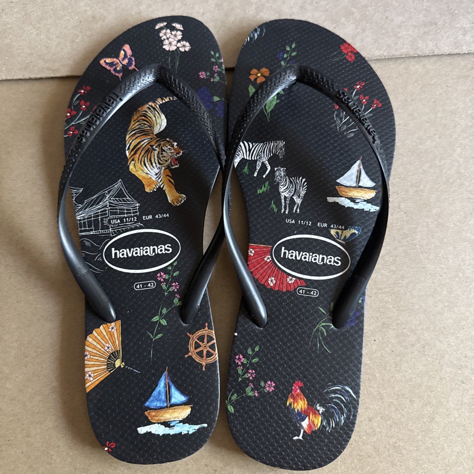 Havaianas Slim Black w/Animals/Flowers/Sailboats EU 41-42 New