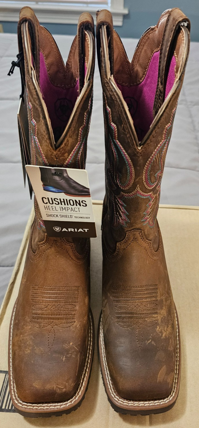 Ariat® (Women’s 6.5 B) Hybrid Ranchwork™ Western Boot in Distressed Tan – $220