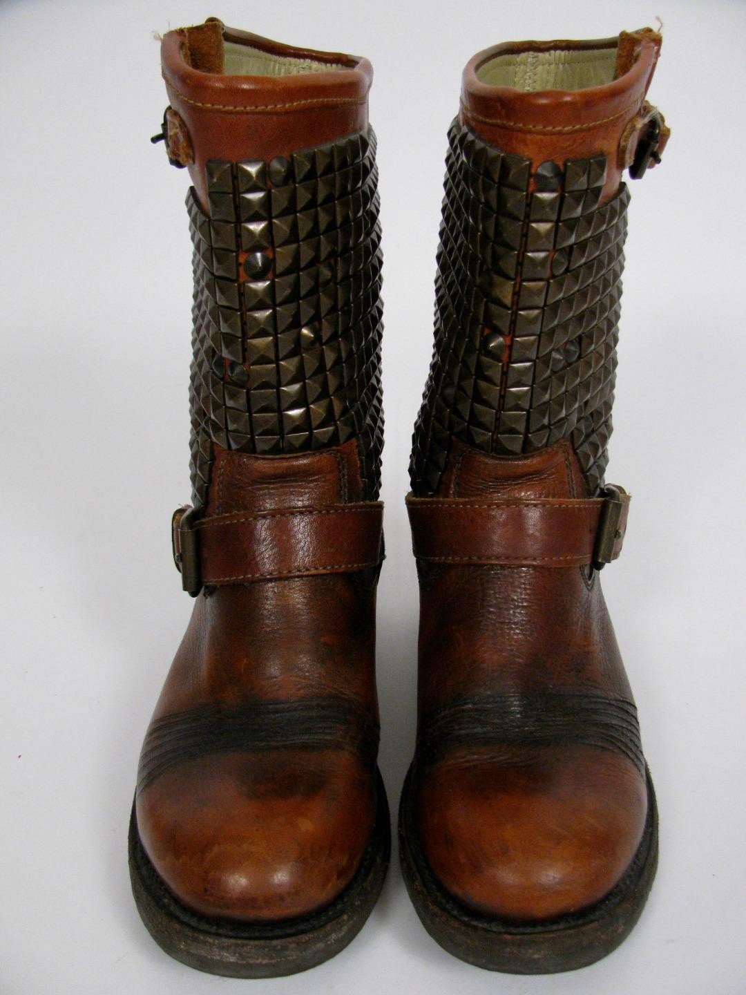 ASH BOOTS BROWN LEATHER DISTRESSED MOTO BIKER TRASH PAVONDONA STUDDED SHOES~38.5