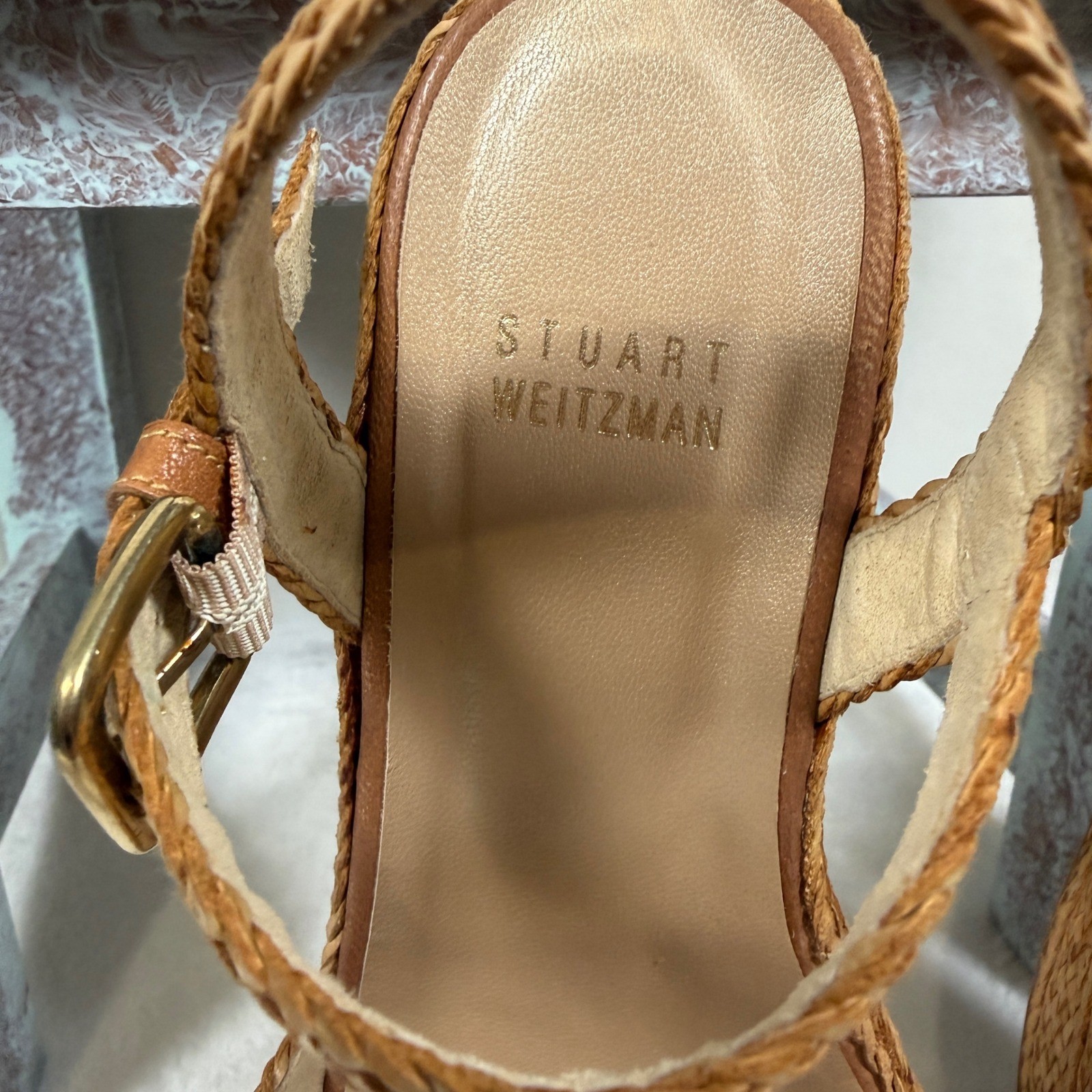 Stuart Weitzman Barbados Wedge Sandals Women 5.5 Tan Woven Platform Ankle Strap