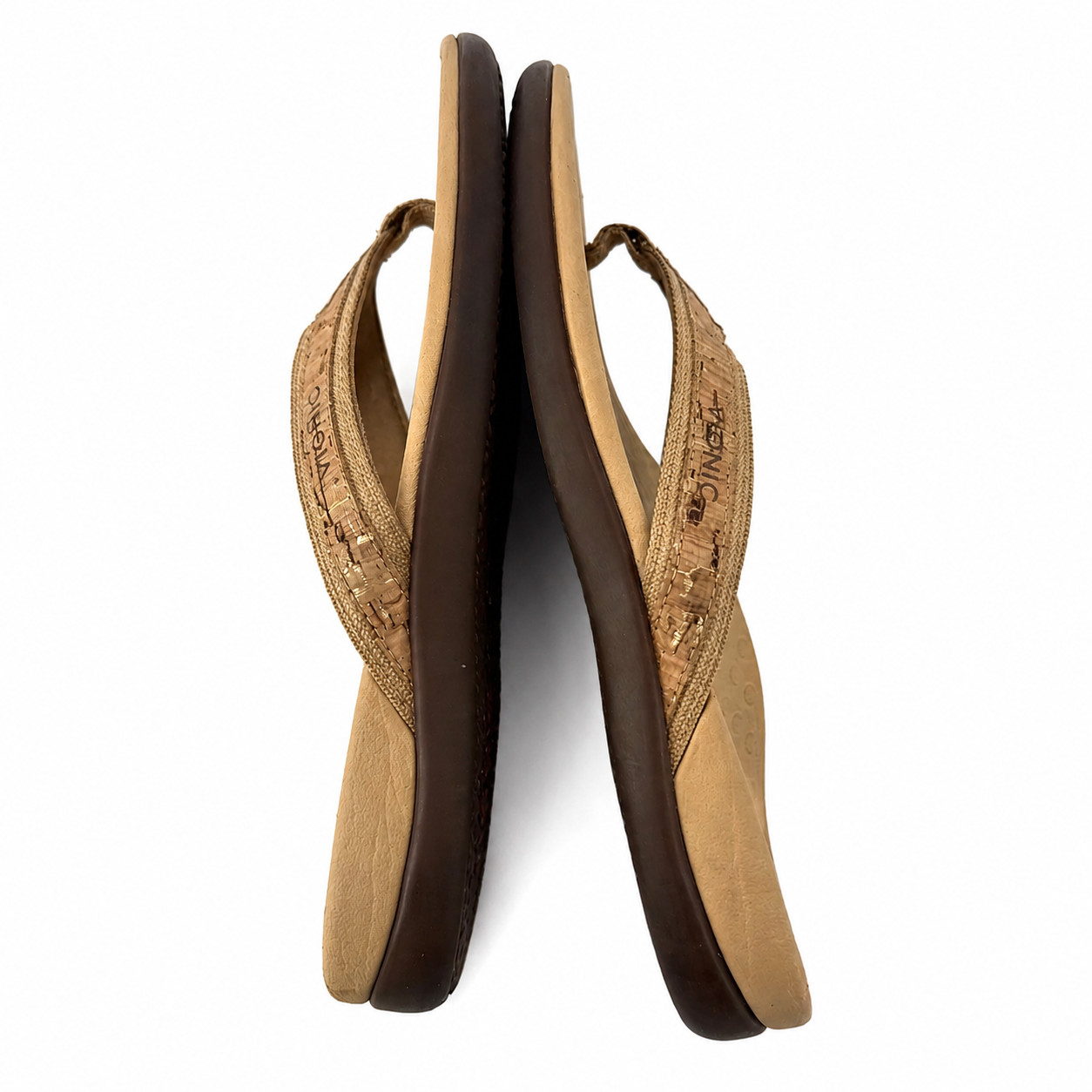 Vionic Tide Thong Sandals Women 7 Tan Flip Flops Cork Print Orthotic Comfort