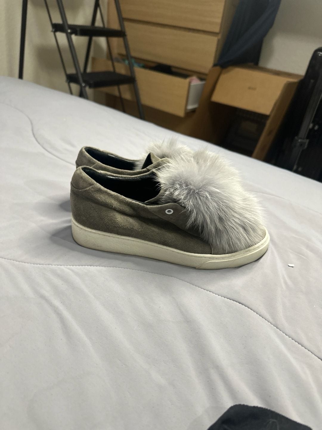 Here/Now Heather Gray Suede Slip-On Sneakers with Fox Fur Pom Poms