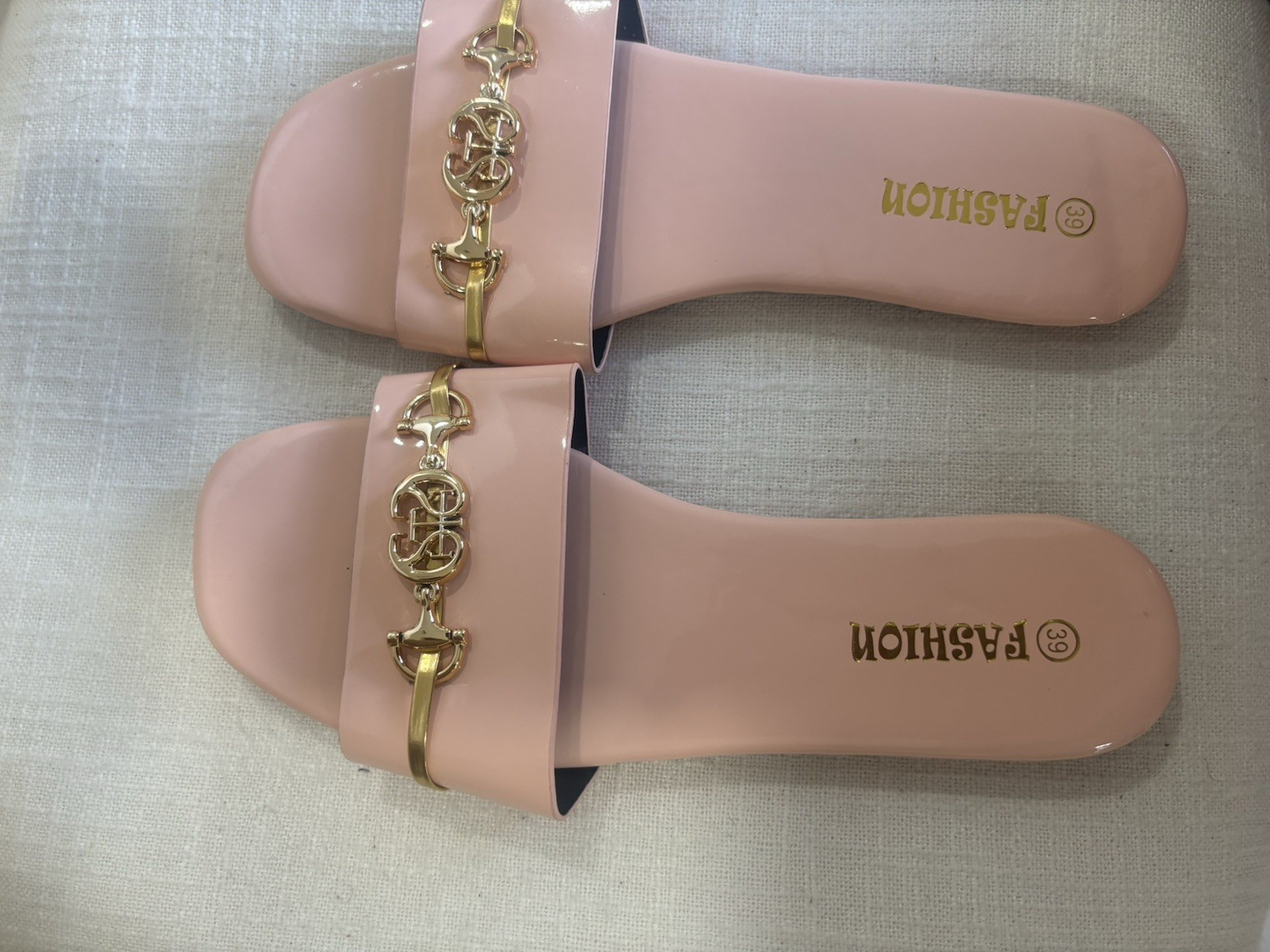 Women’s Faux Leather Slide Sandals Logo Strap Pink/Gold Slip-On US 9