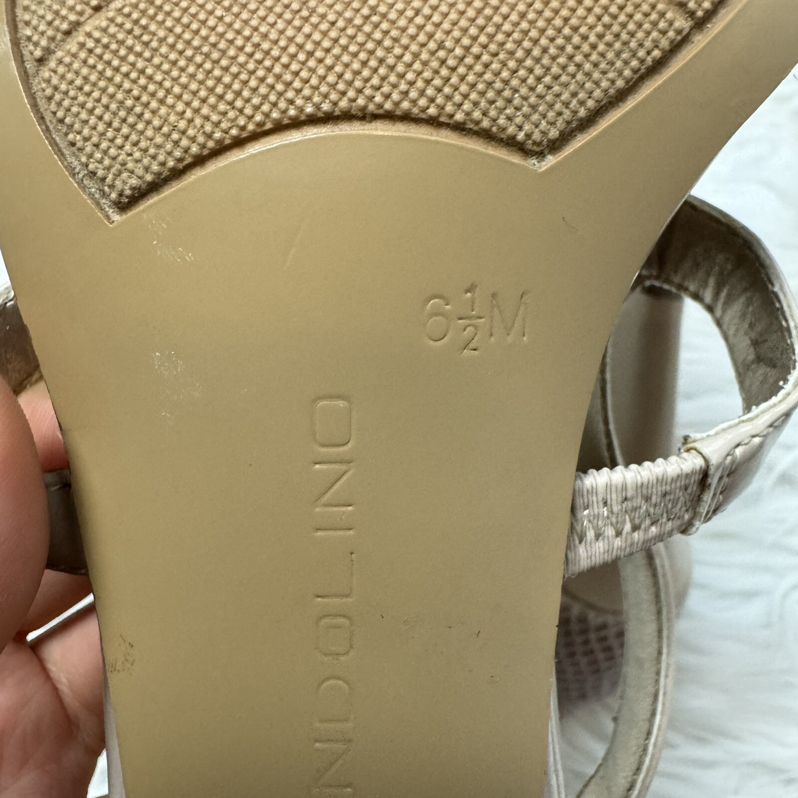 Nude Strappy Sandal Heel, Short Cone Heel, Snake Texture Accent, Size 6.5