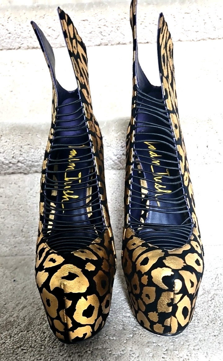 New Sparkle Cheetah Gold Black High Platforms Stiletto Heels Sz 10 London Trash