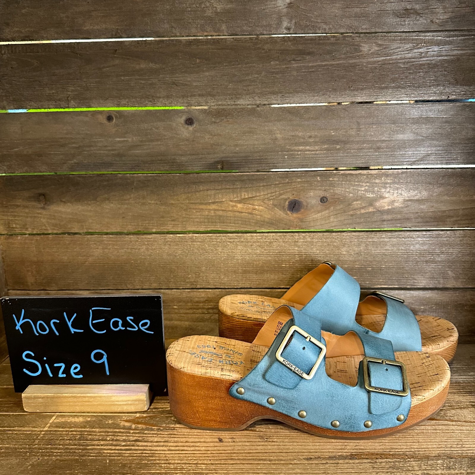 New NIB Womens Kork-Ease Saffron Turquoise Leather Heeled Strappy Sandals Size 9
