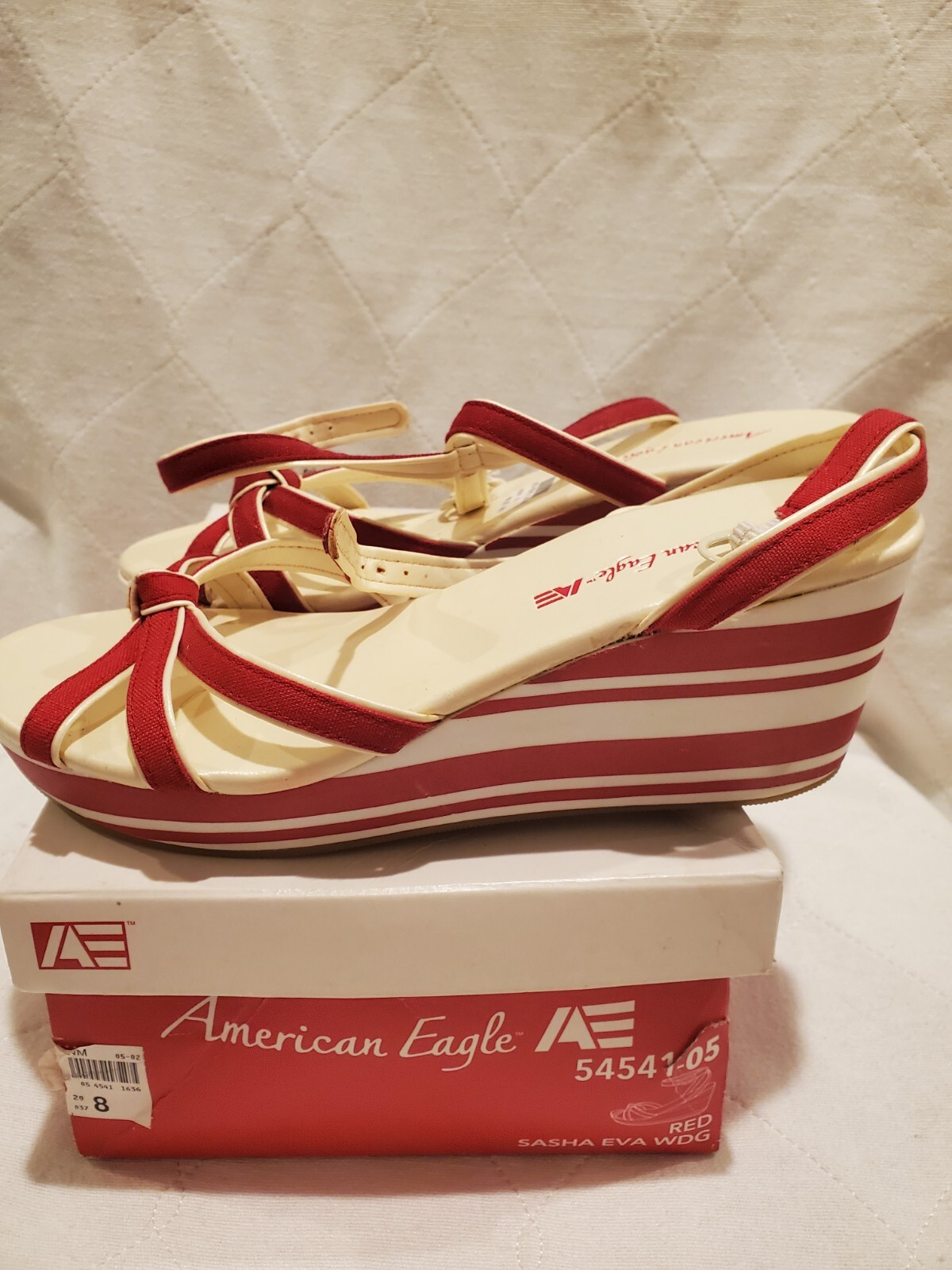 American Eagle Women 8 M Red White Sasha Eva Wedge Heel Stripe Strappy Shoe