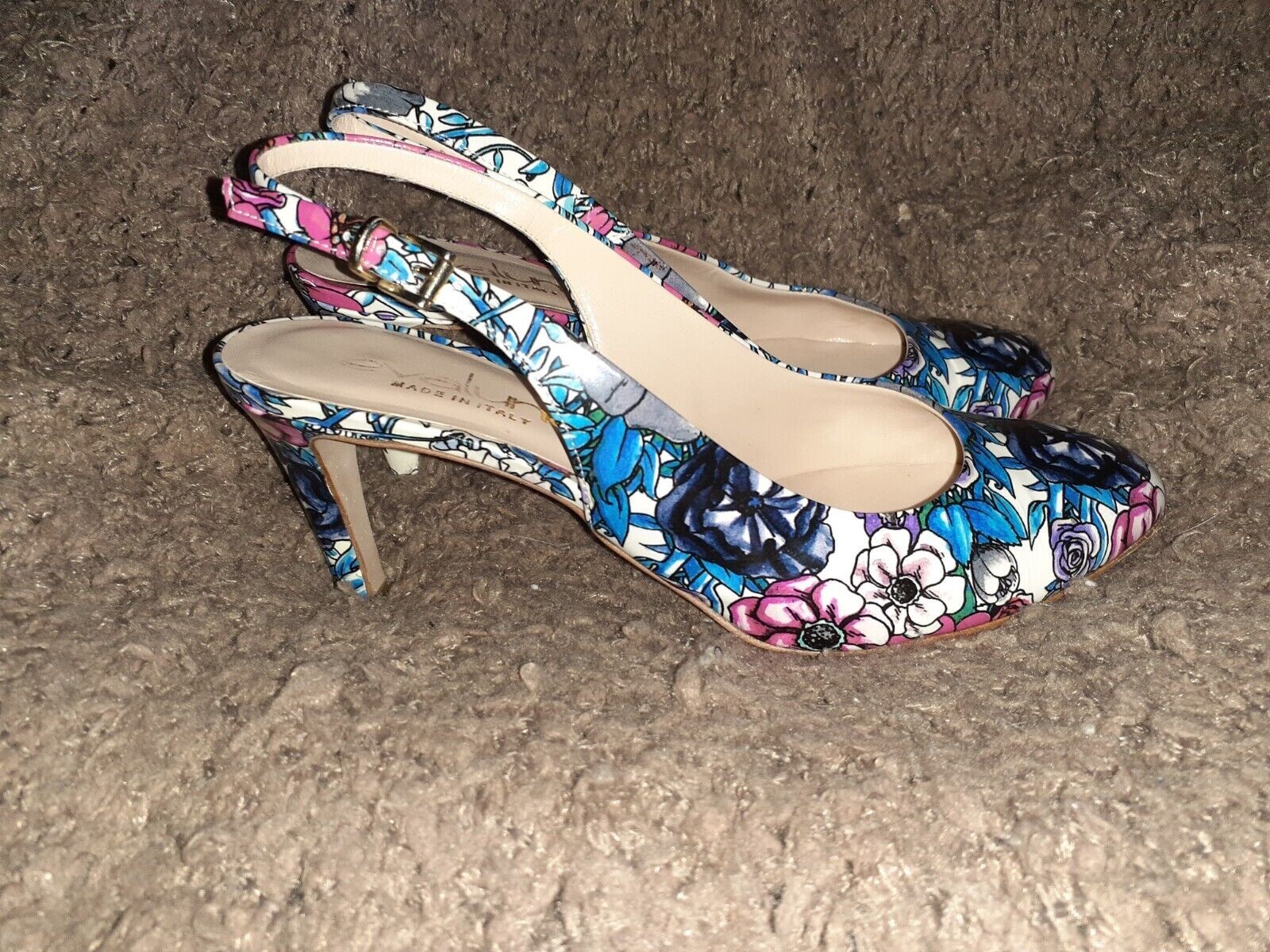 EVALUNA -Floral Print Patent Leather Slingbacks-Buckle Fasten-Sz 36-Excellent