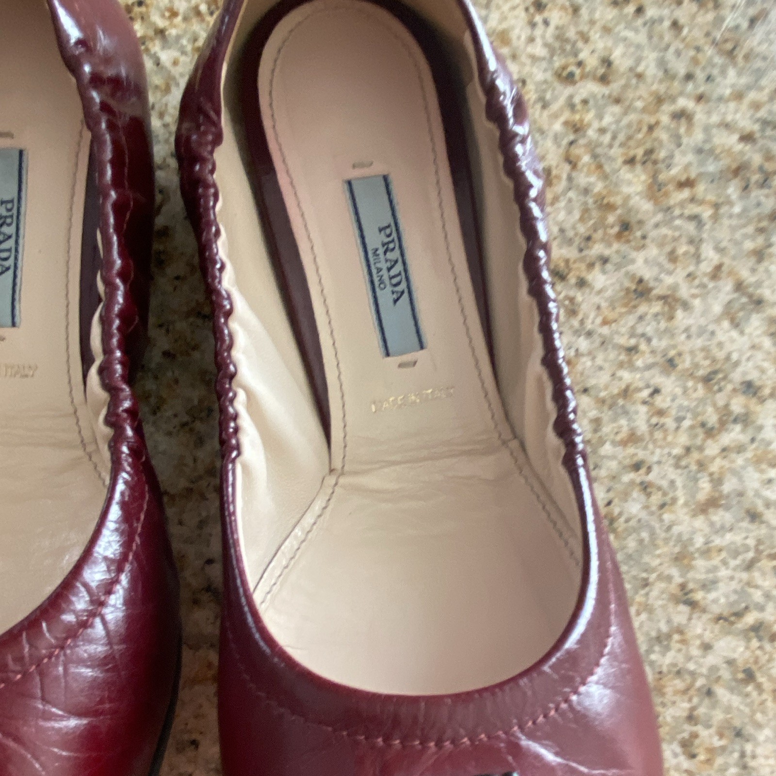 PRADA Women’s Burgundy Black Leather Cap Toe Ballet Flats Logo Slip-On US 8