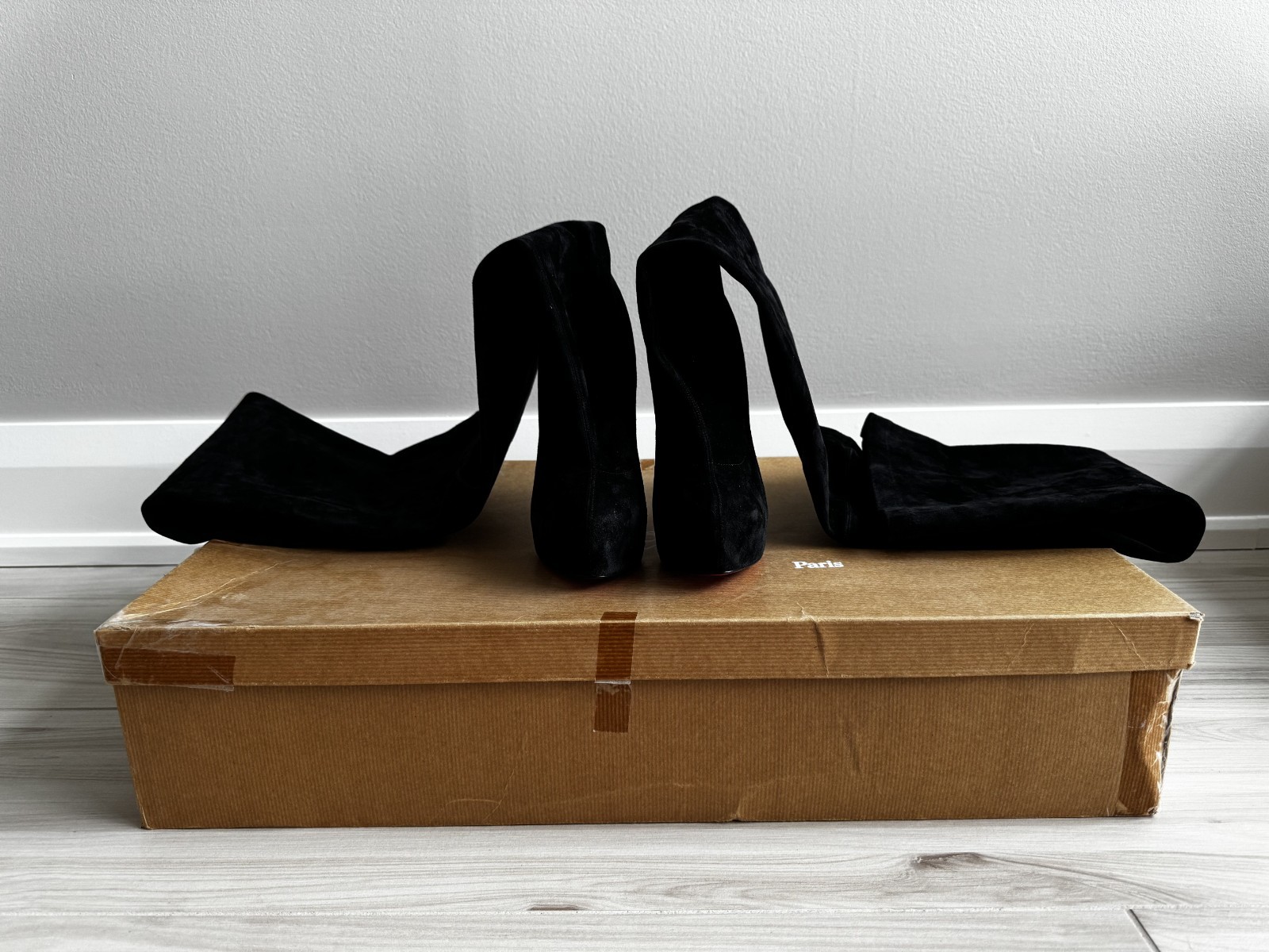 NEW Christian Louboutin Monique 160 Black Stretch Suede Thigh High Boots 38.5