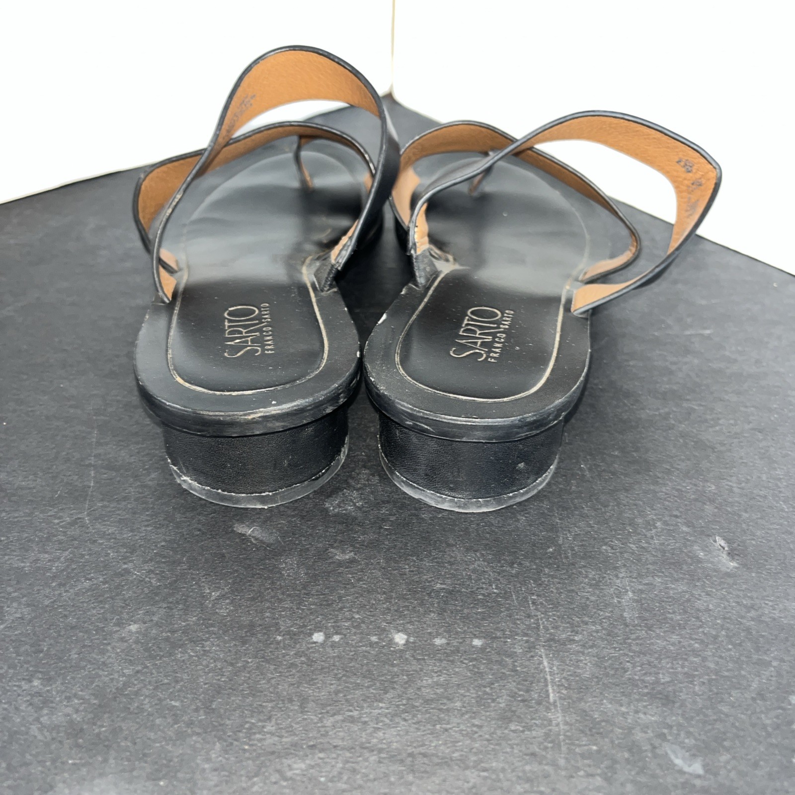 Franco Sarto Leather Sandals Size 8.5 M Black A-Trixie Sytle Modern Comfy Women