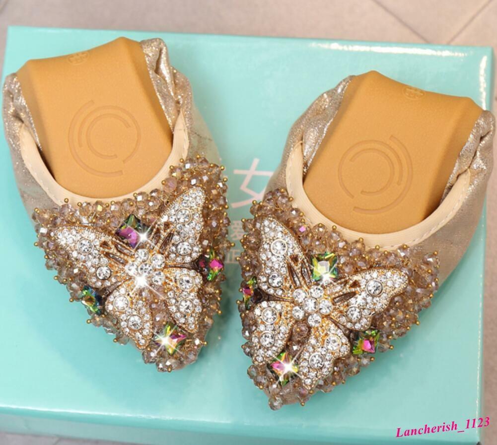 Rhinestone Butterfly Women’s Faux Leather Pointy Toe Shoes Slip On Loafers Flats
